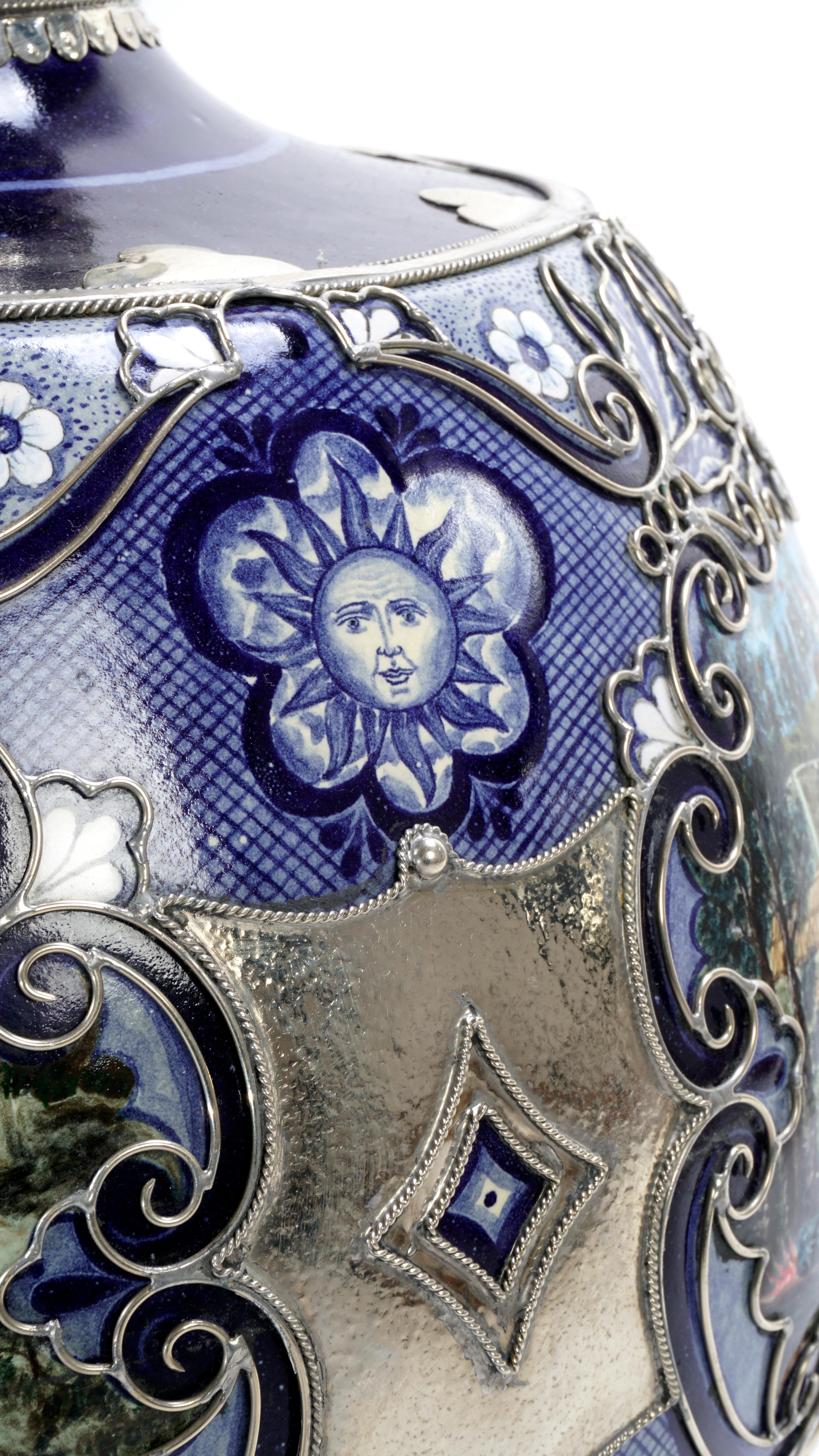 Glazed Mexican Caste System Jar, Ceramic and White Metal 'Alpaca', Handmade