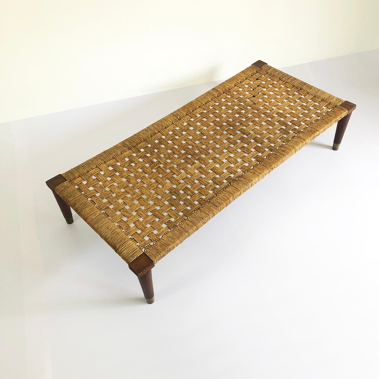 We offer this rare coffee table by Michael Van Beuren. This rare table combines details the Domus line early work and Danish line structure, made in mahogany wood, brass, palm cords and removable legs.
