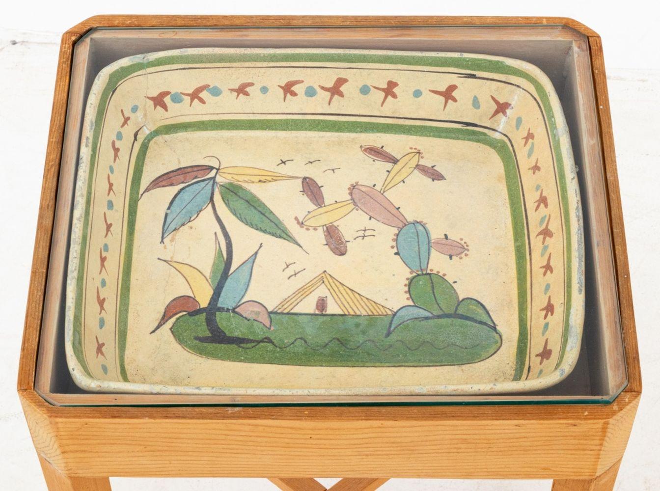 Pair of Mexican Ceramic Dish Inset Side Tables, wood with glass tops. 21.25