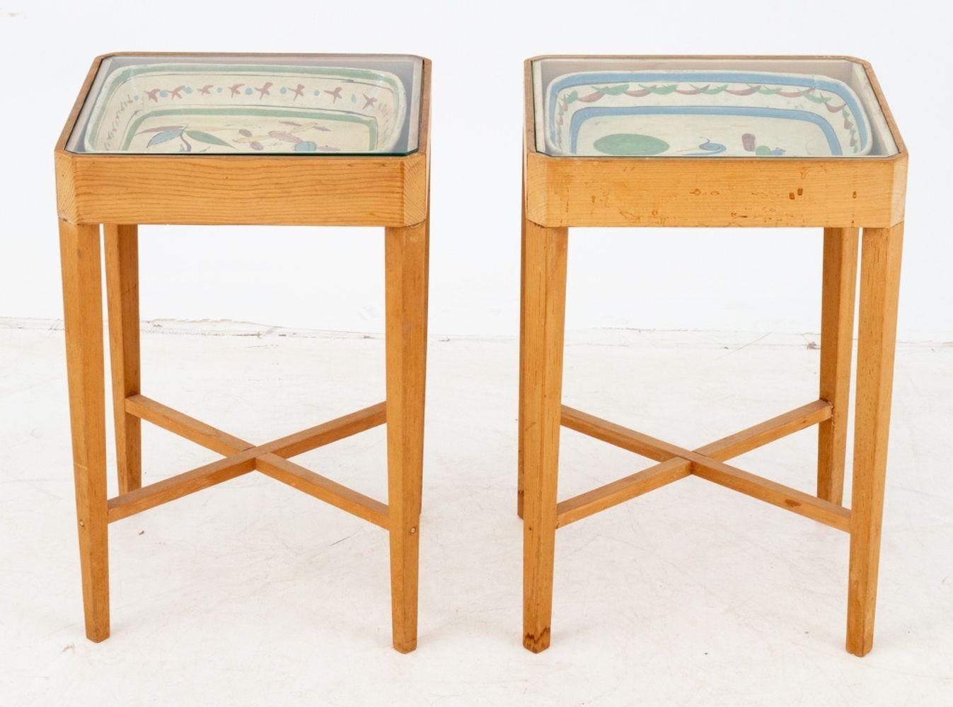 Glazed Mexican Ceramic Dish Inset Side Tables, Pair For Sale