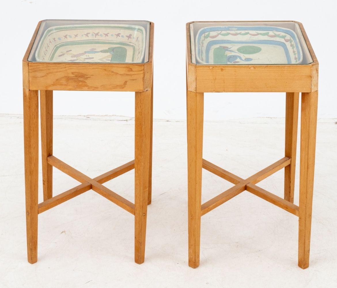 20th Century Mexican Ceramic Dish Inset Side Tables, Pair For Sale