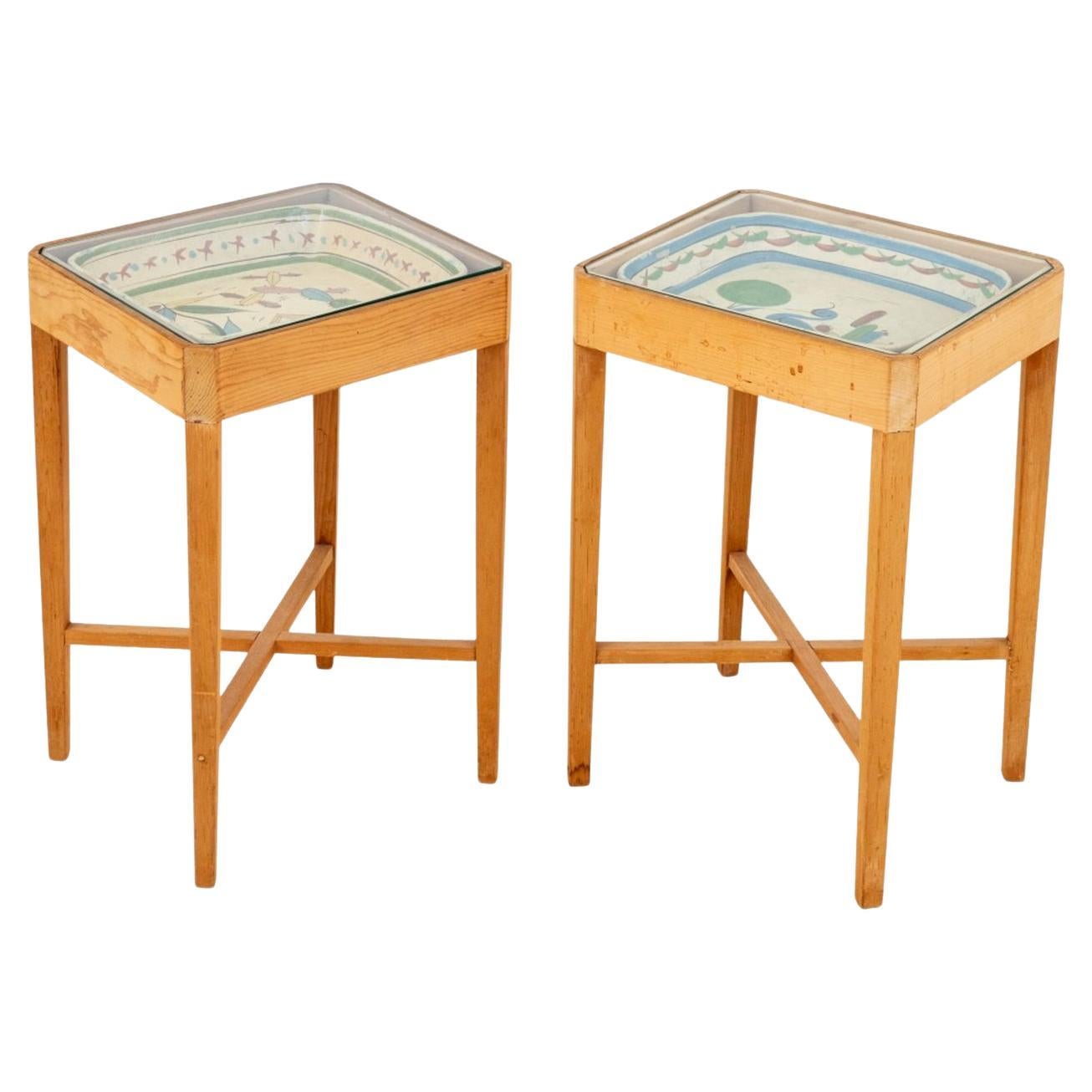 Mexican Ceramic Dish Inset Side Tables, Pair For Sale