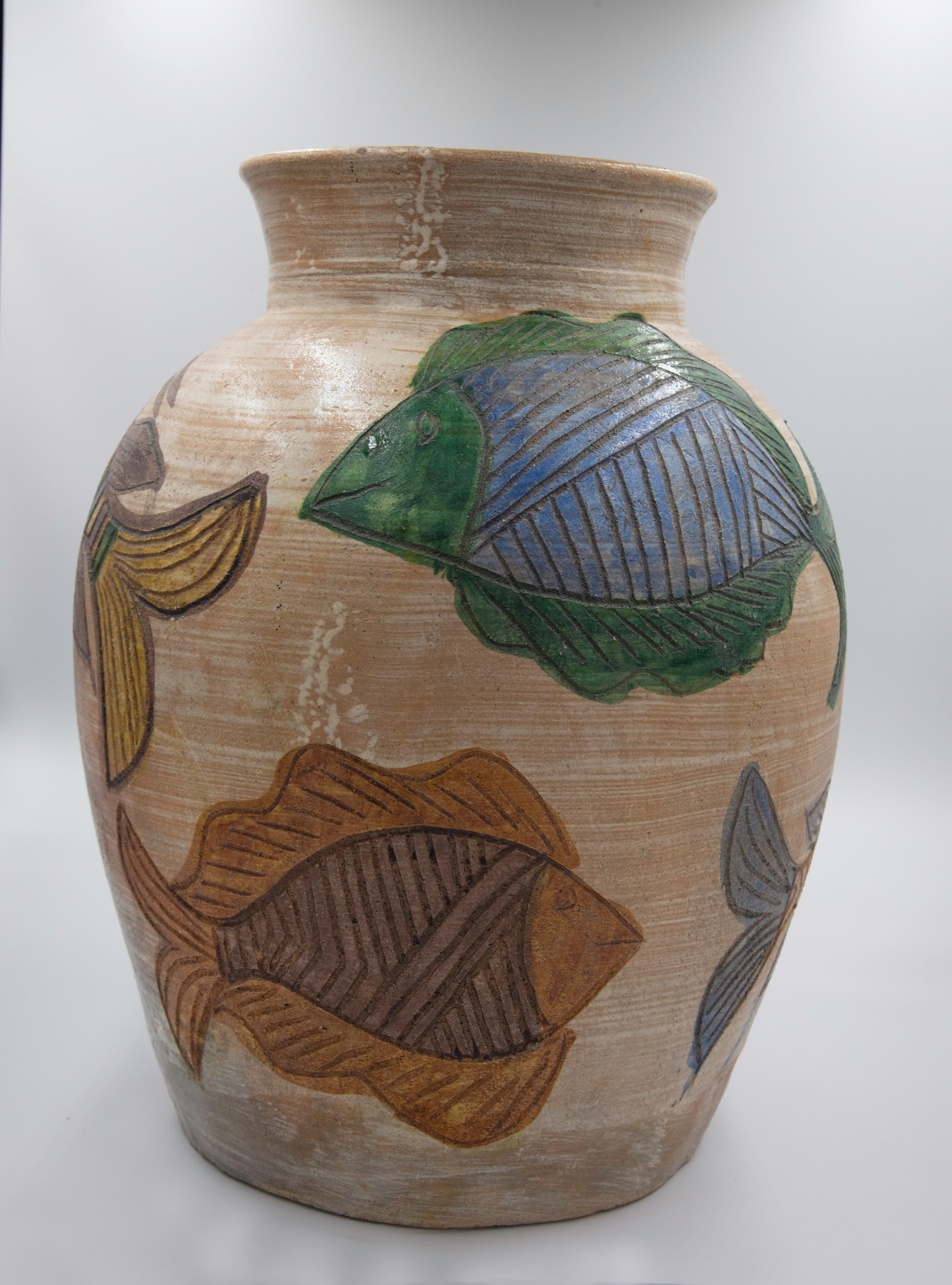 Burnished Mexican Ceramic Jug Vase Fishes 1994 Dolores Porras Folk Art Decorative Vessel For Sale