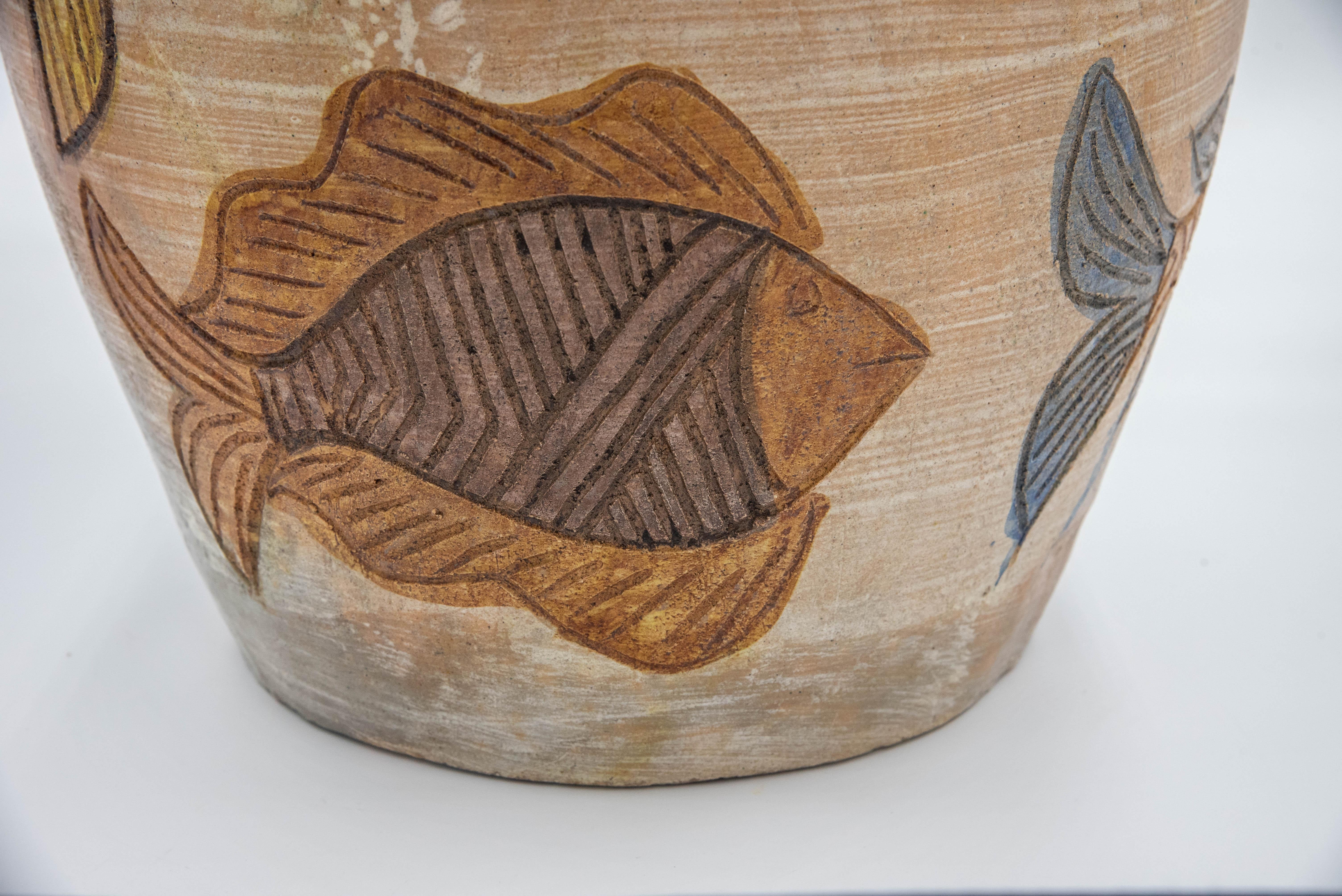 Late 20th Century Mexican Ceramic Jug Vase Fishes 1994 Dolores Porras Folk Art Decorative Vessel For Sale
