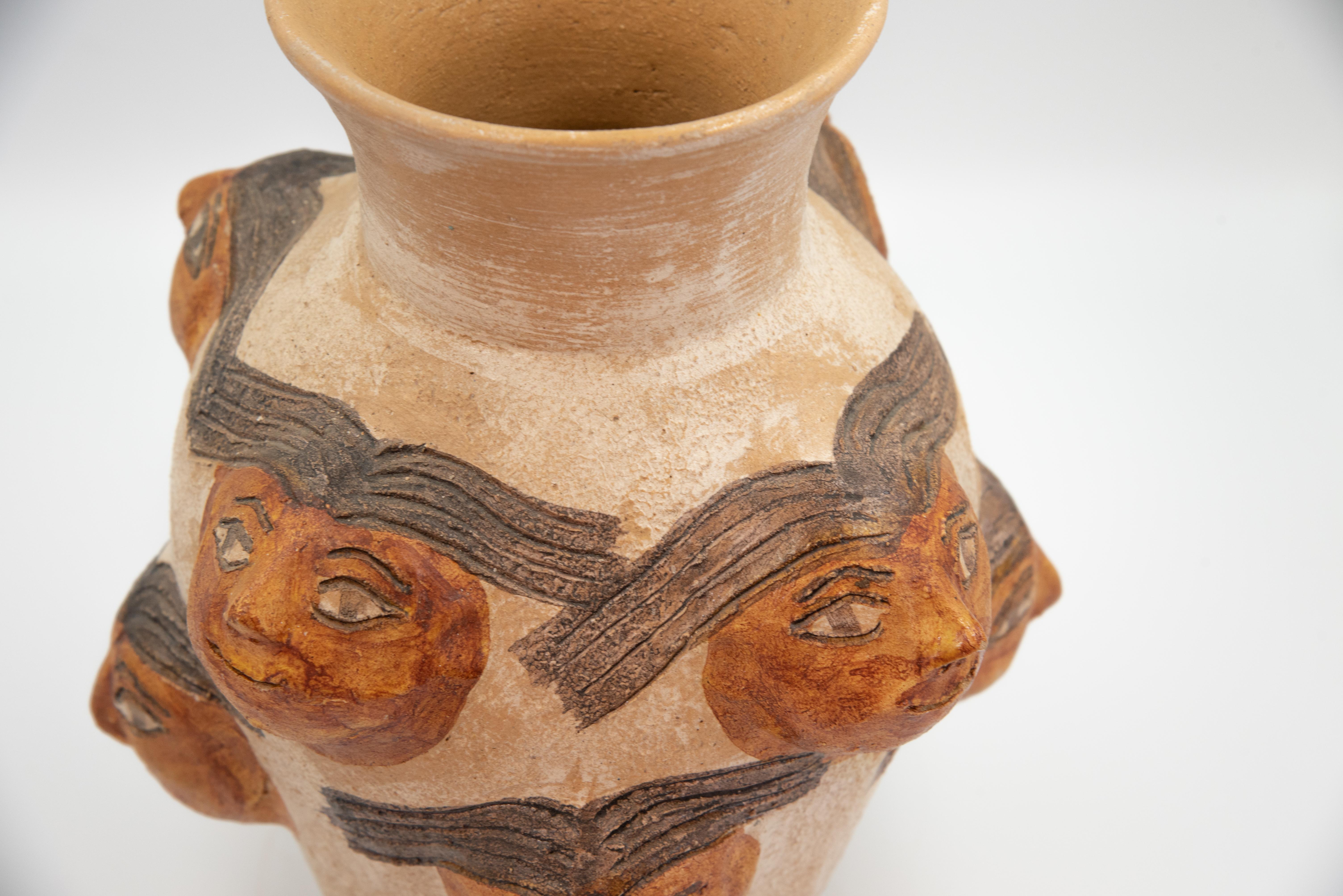 Varnished Mexican Ceramic Jug with Faces Dolores Porras Folk Art Decorative Vessel