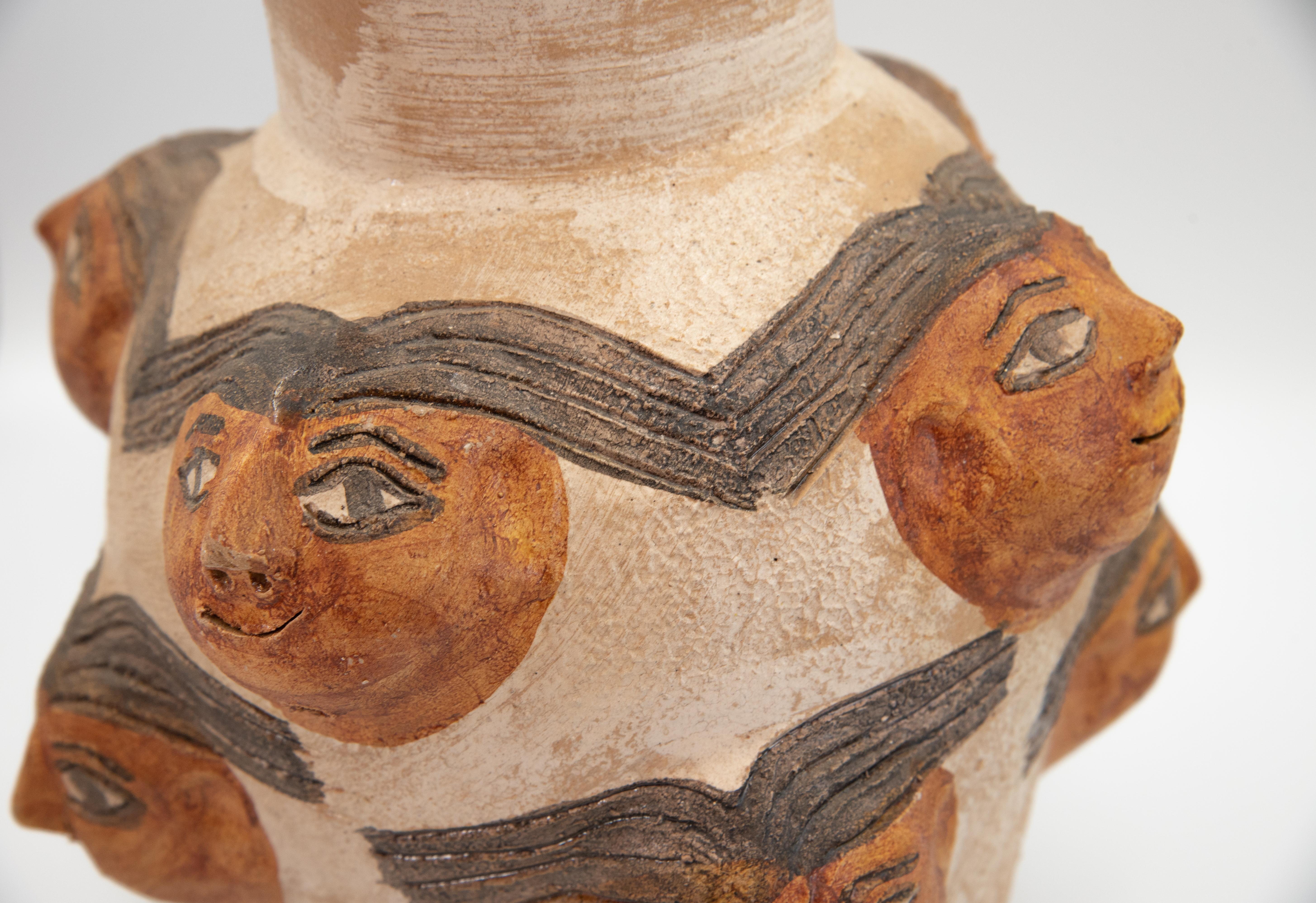 Mexican Ceramic Jug with Faces Dolores Porras Folk Art Decorative Vessel In Good Condition In Queretaro, Queretaro