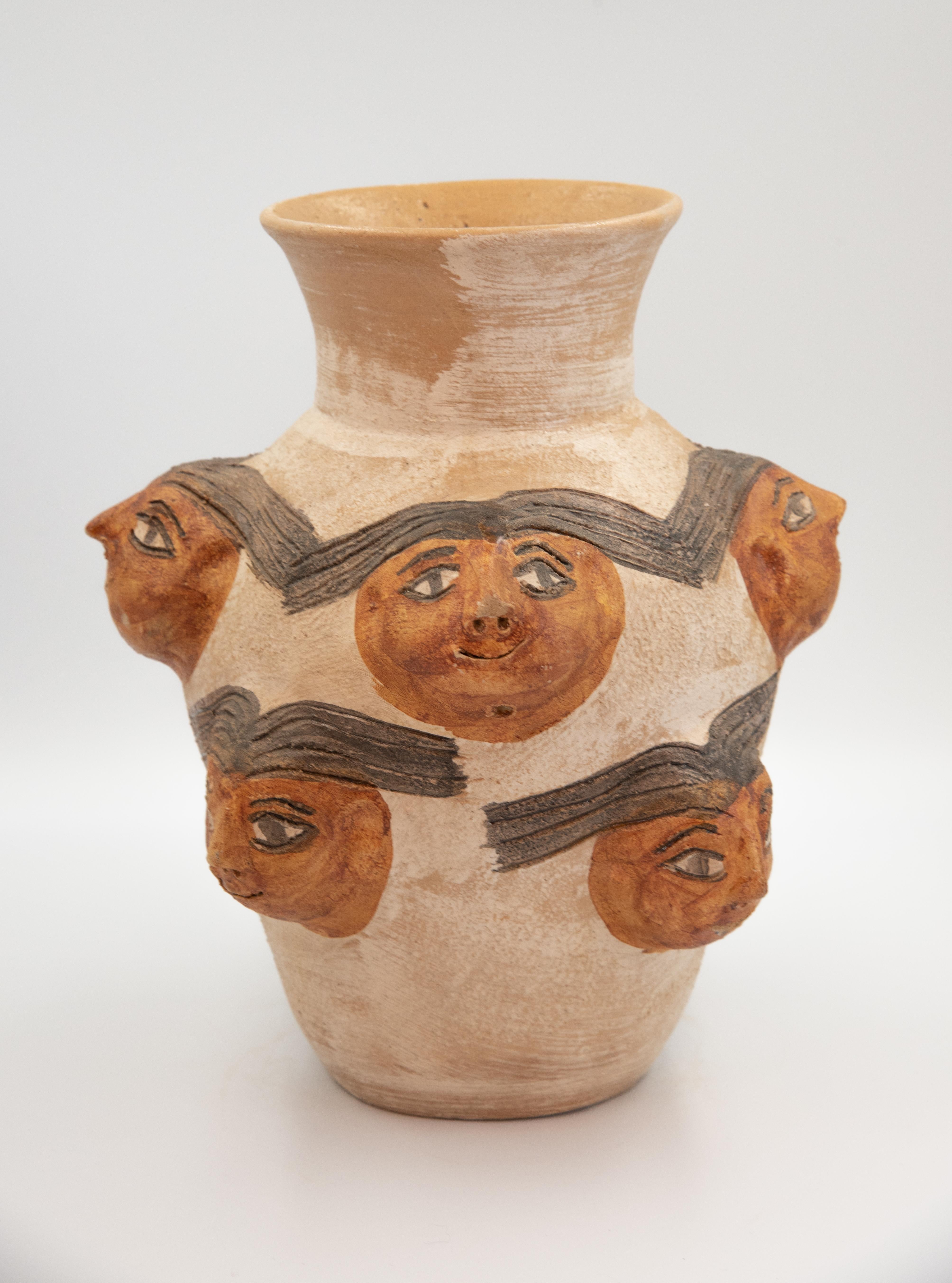 Late 20th Century Mexican Ceramic Jug with Faces Dolores Porras Folk Art Decorative Vessel
