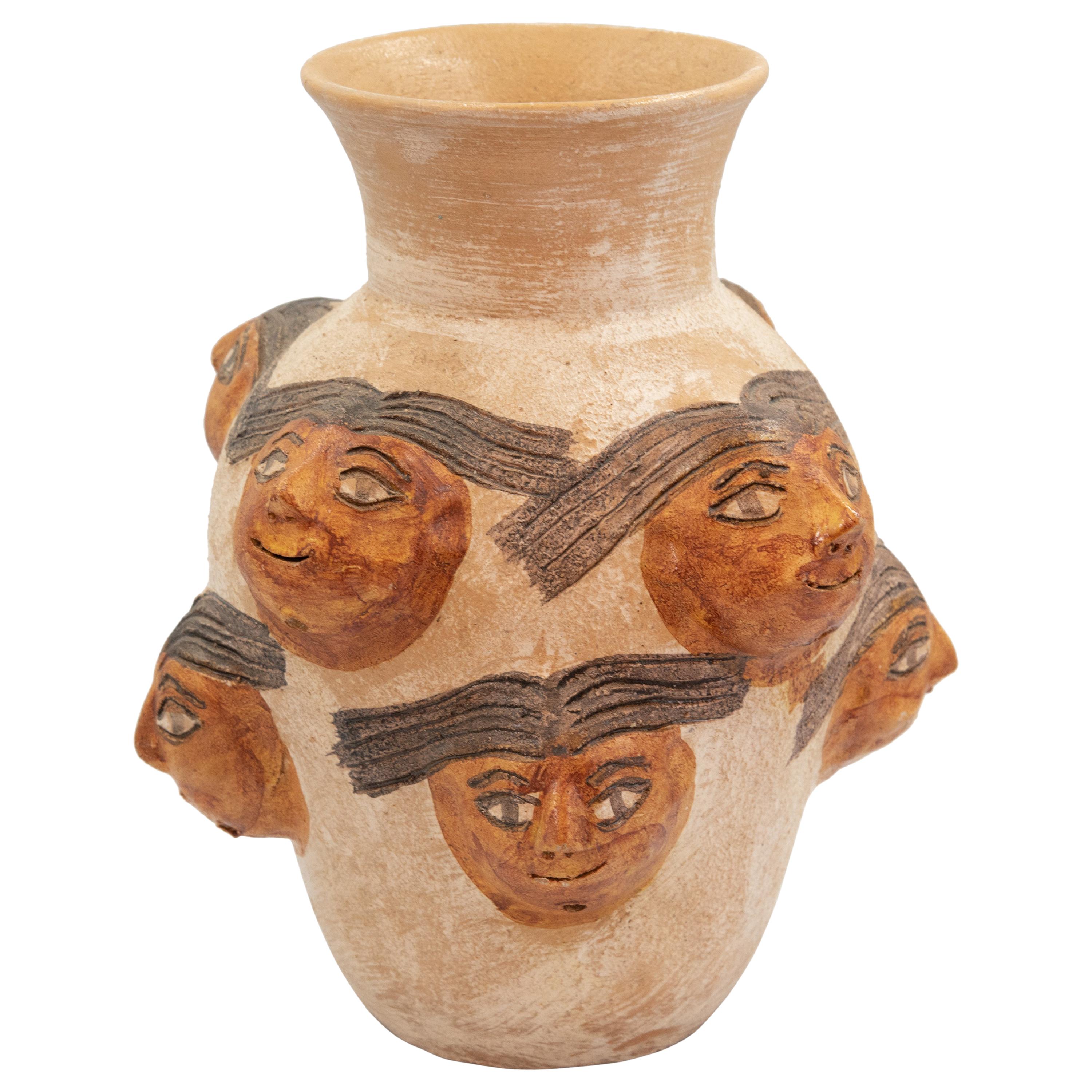Mexican Ceramic Jug with Faces Dolores Porras Folk Art Decorative Vessel