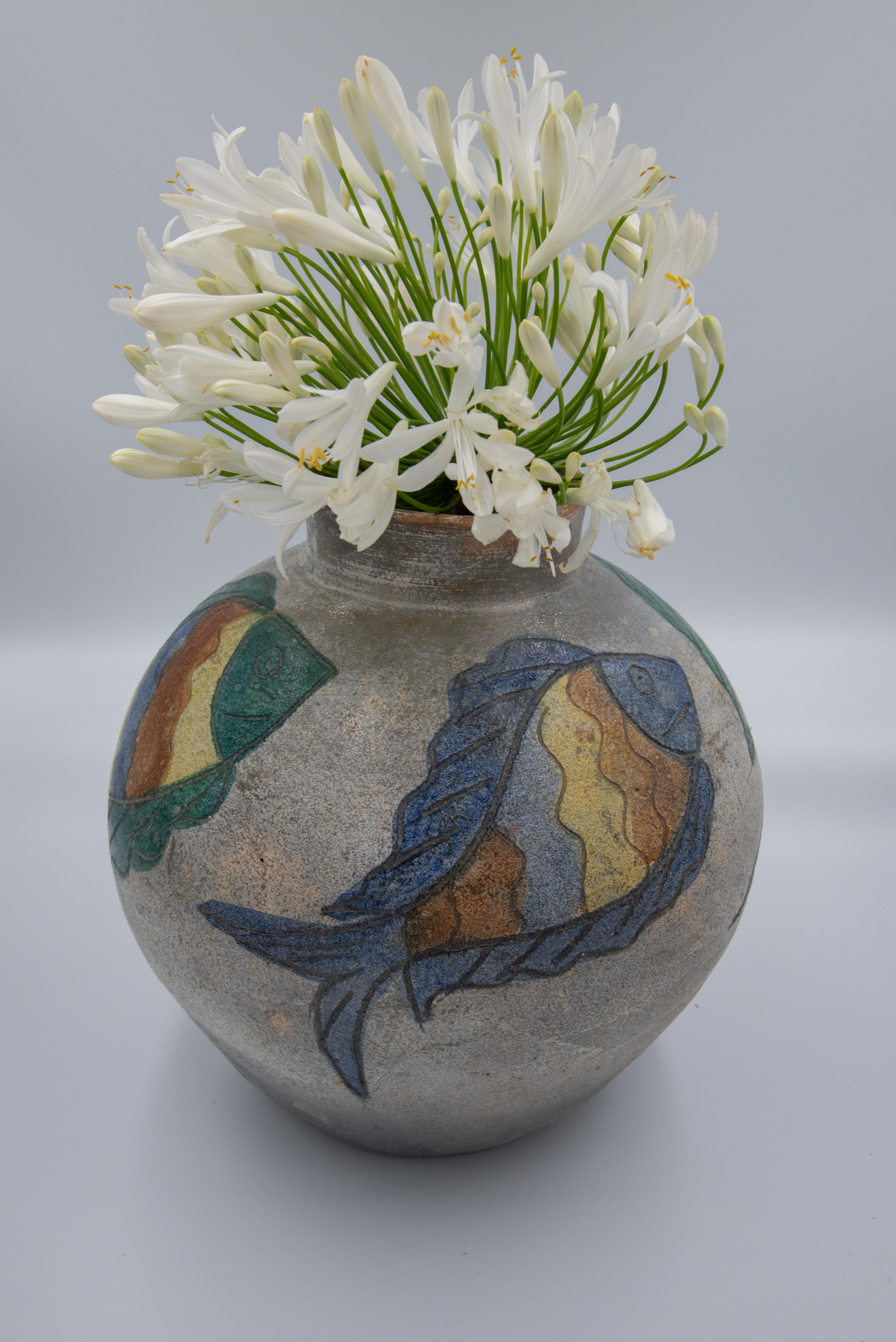 Enameled Mexican Ceramic Jug with Fishes 1996 Dolores Porras Folk Art Decorative Piece