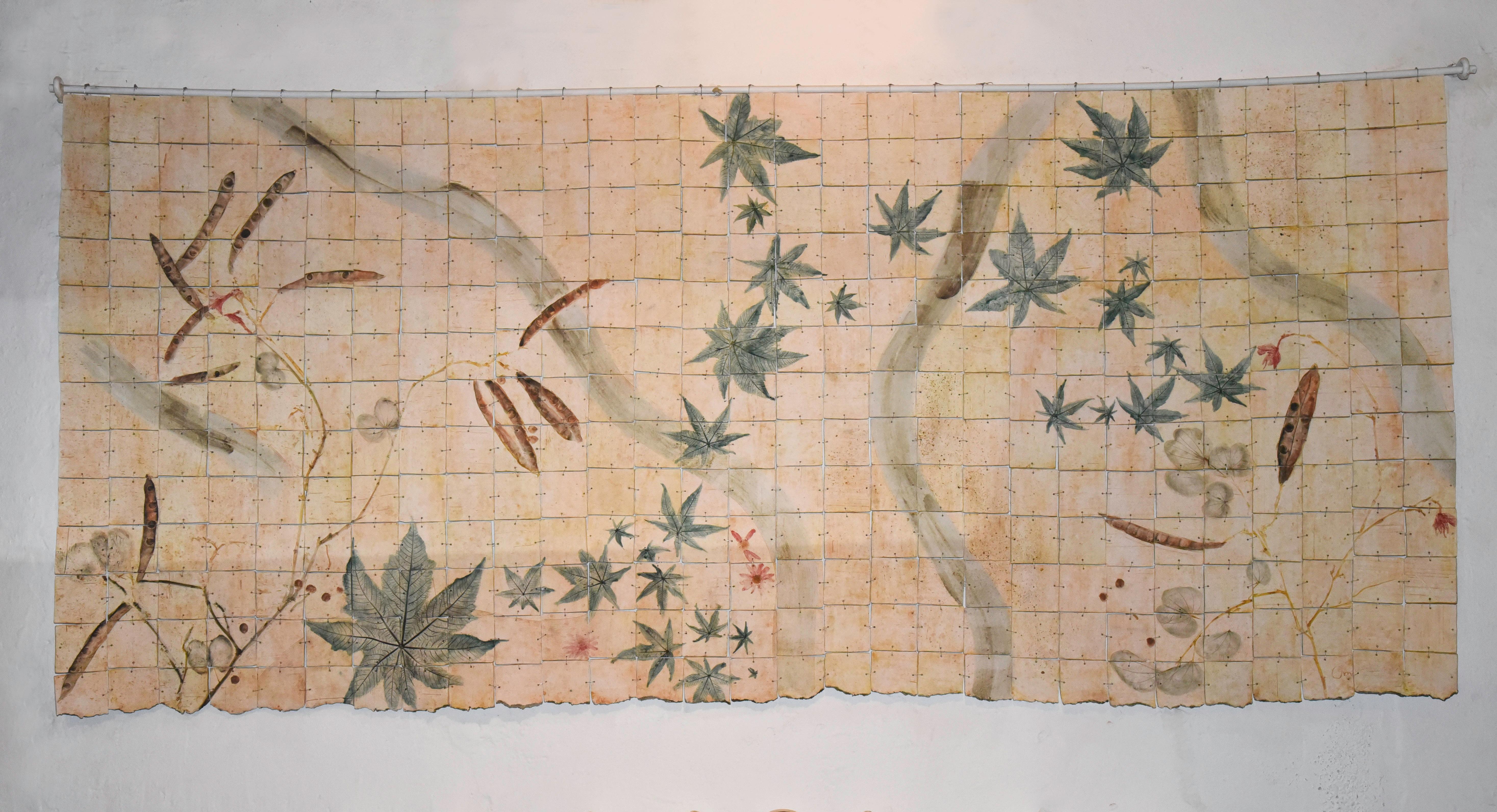 This wall decoration piece is a registration of the local plants in the state of Oaxaca, Mexico. Some of the plants printed are considered poisonous and farmers should be aware of them. While there are also many beautiful flowers and leafs that are