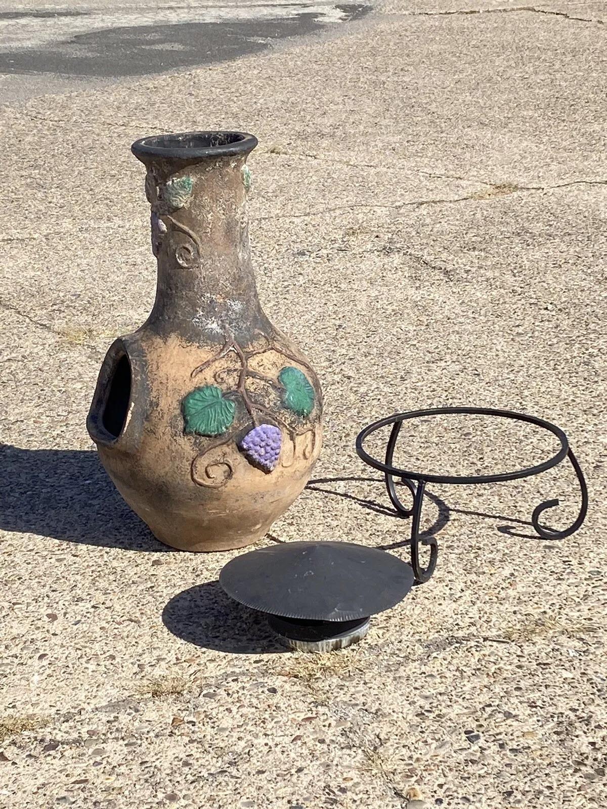 Mexican Chiminea Outdoor Clay Terracotta Fireplace Firepit with Iron Stand For Sale 3