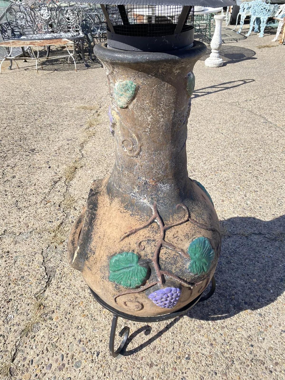 Other Mexican Chiminea Outdoor Clay Terracotta Fireplace Firepit with Iron Stand For Sale