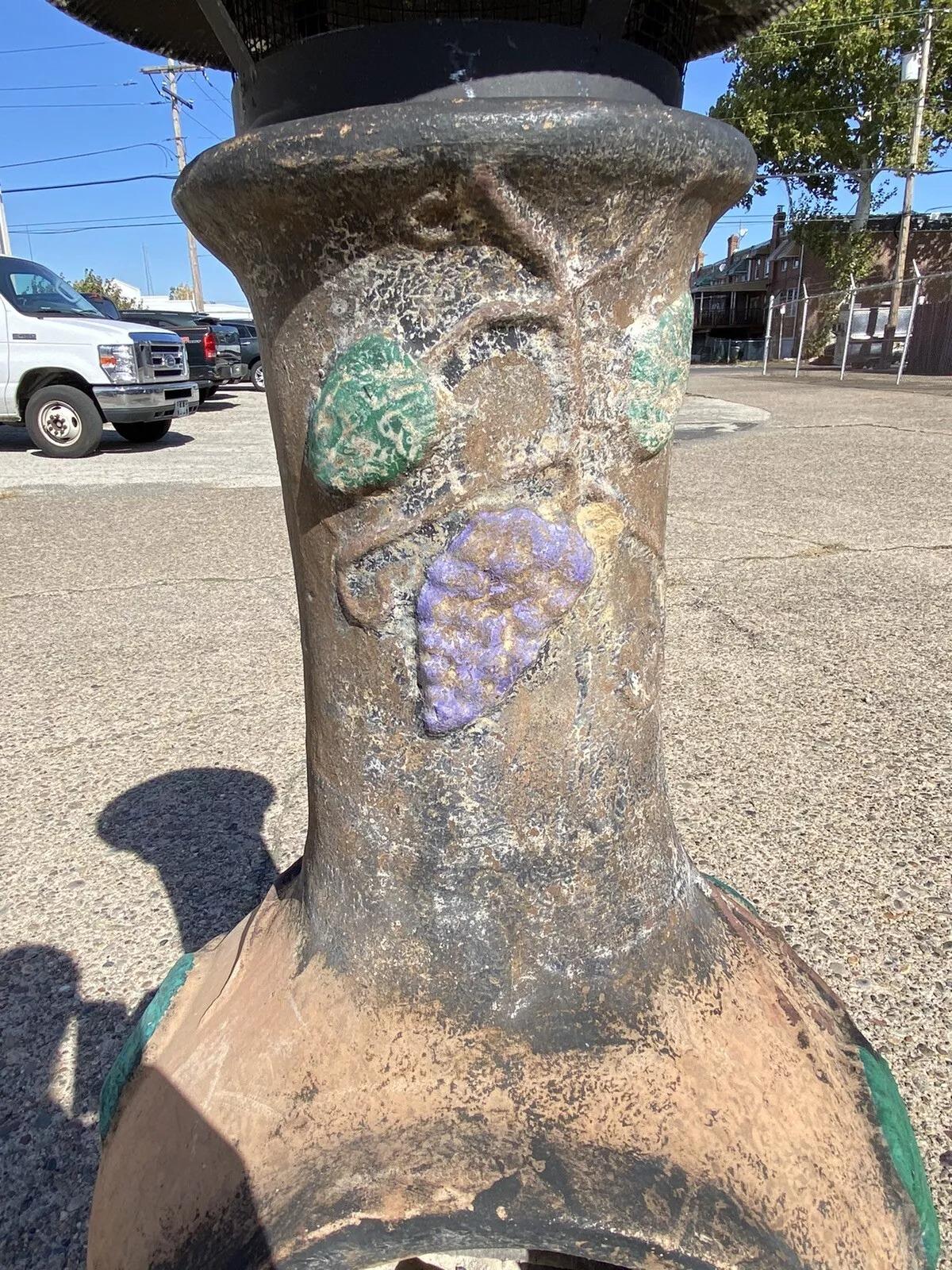 Mexican Chiminea Outdoor Clay Terracotta Fireplace Firepit with Iron Stand In Good Condition For Sale In Philadelphia, PA