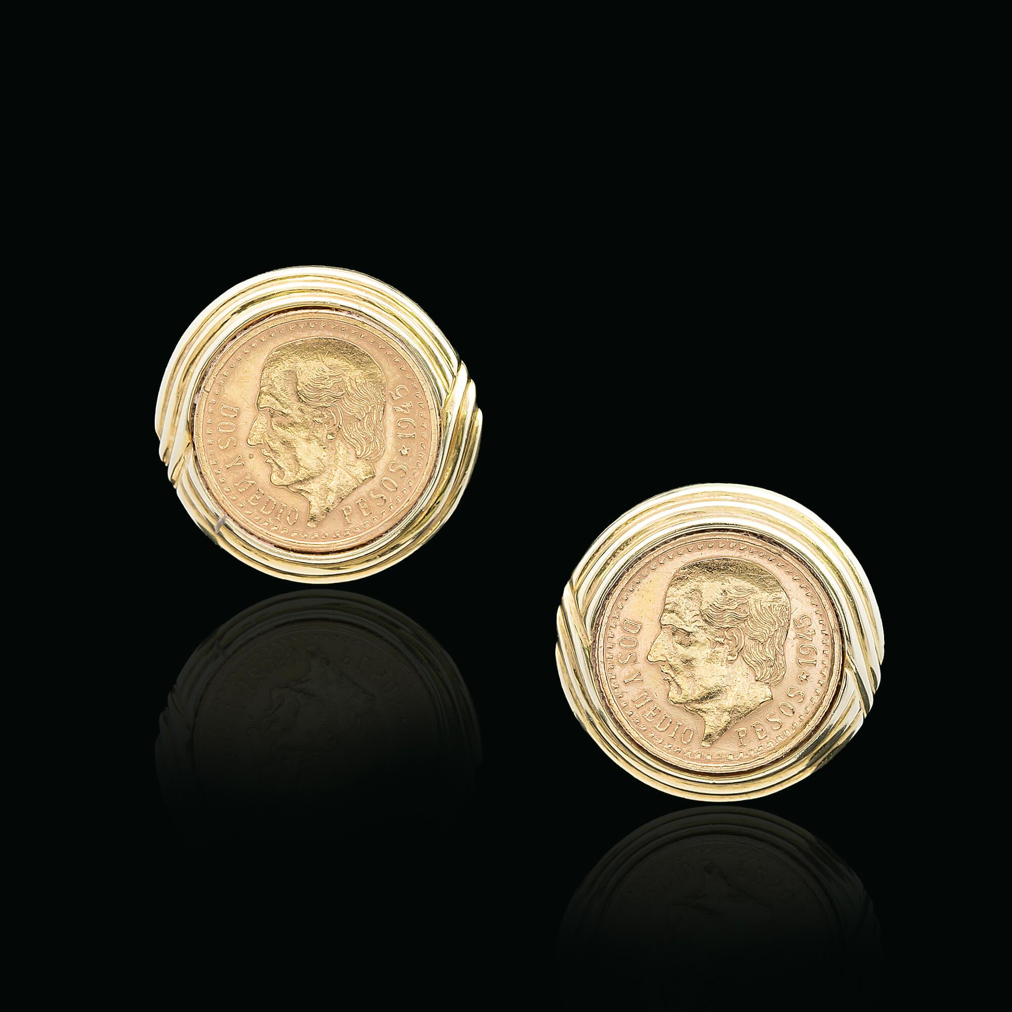 Women's or Men's Mexican Coin, Dos Pesos 1945 Earrings Circa 1950s