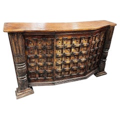 Spanish Colonial Style Antique Wood Bar w/ Iron Strapwork & Carved Columns