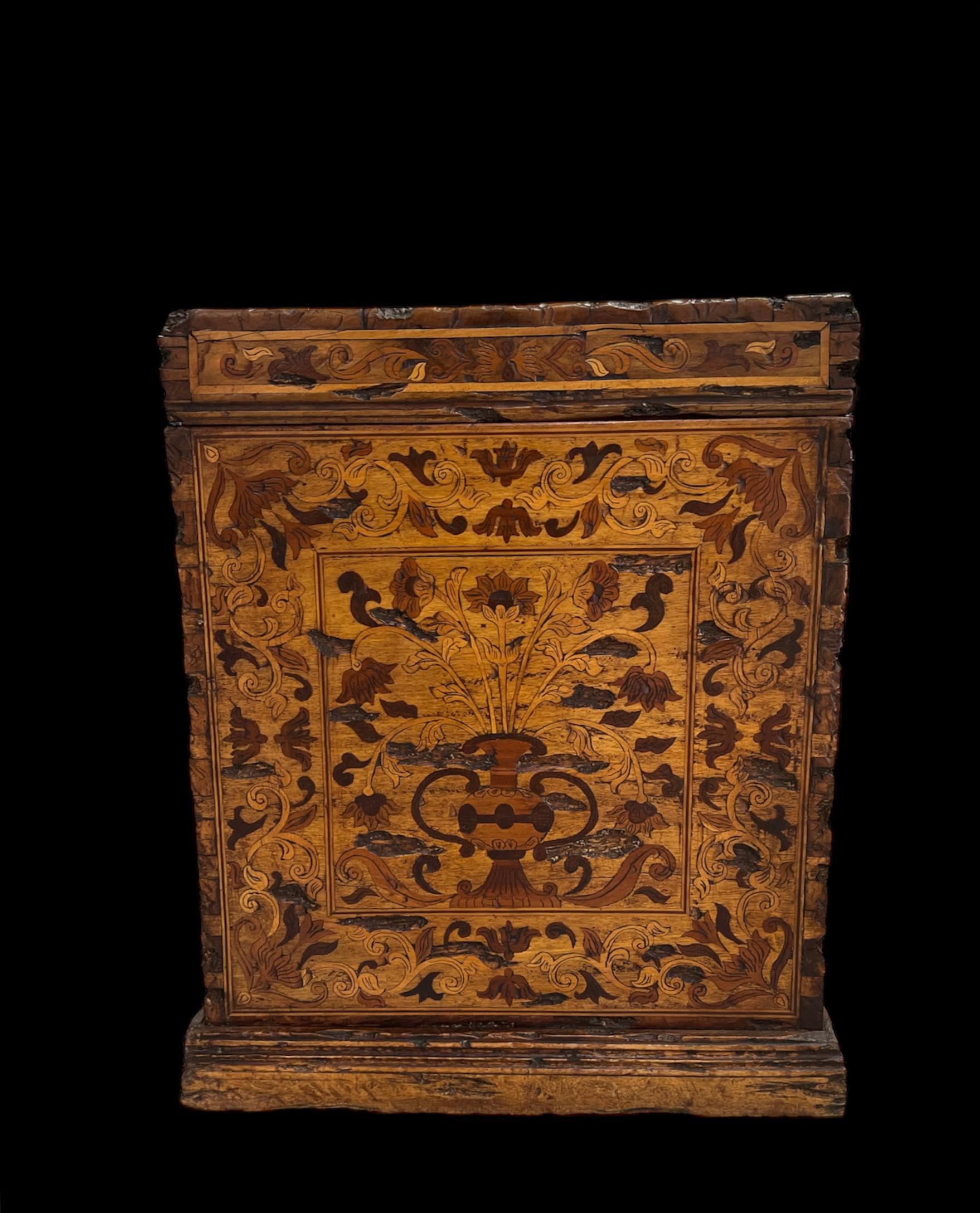 American Colonial Mexican colonial trunk with wood inlaid and hand carved For Sale