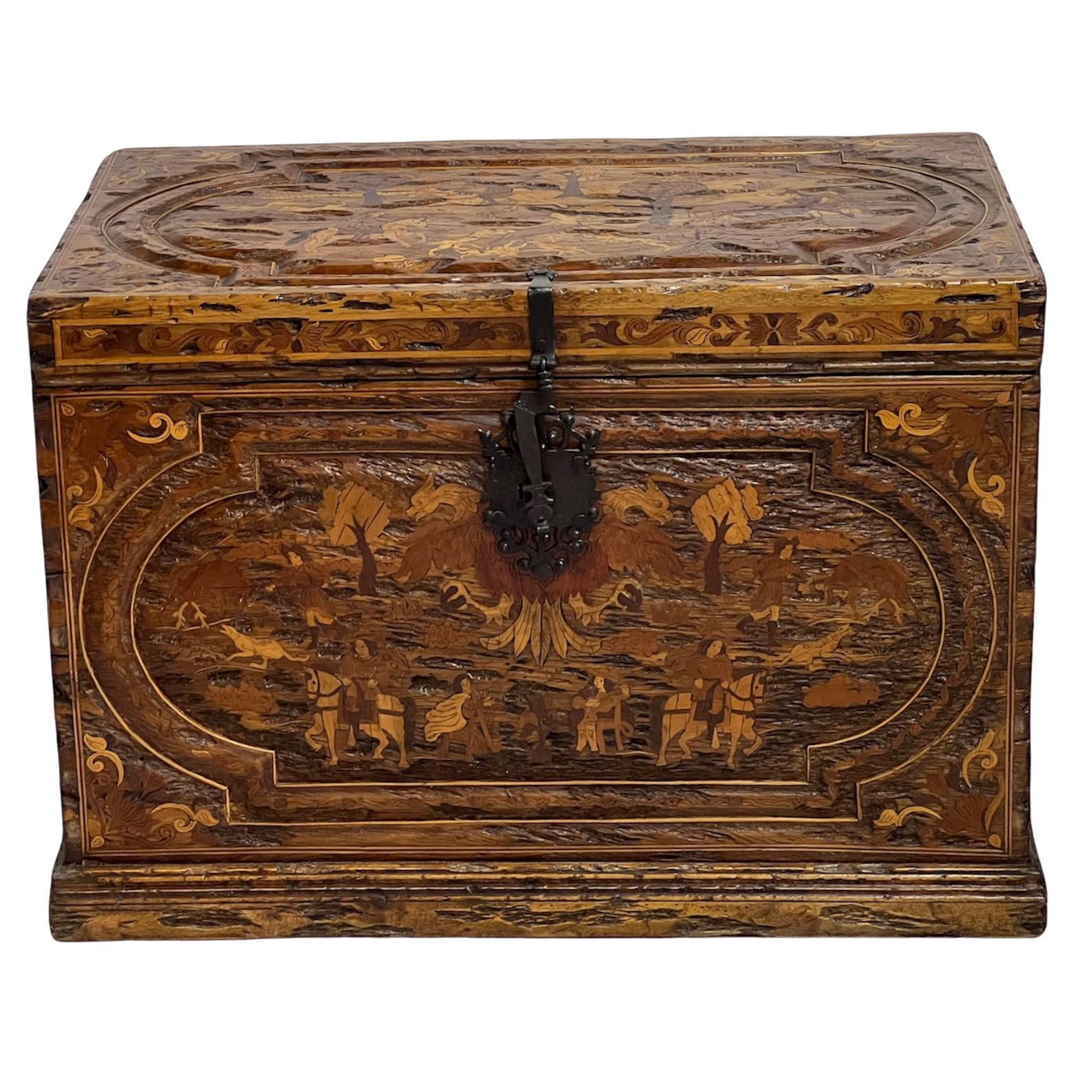 Mexican colonial trunk with wood inlaid and hand carved For Sale
