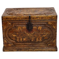 Mexican colonial trunk with wood inlaid and hand carved