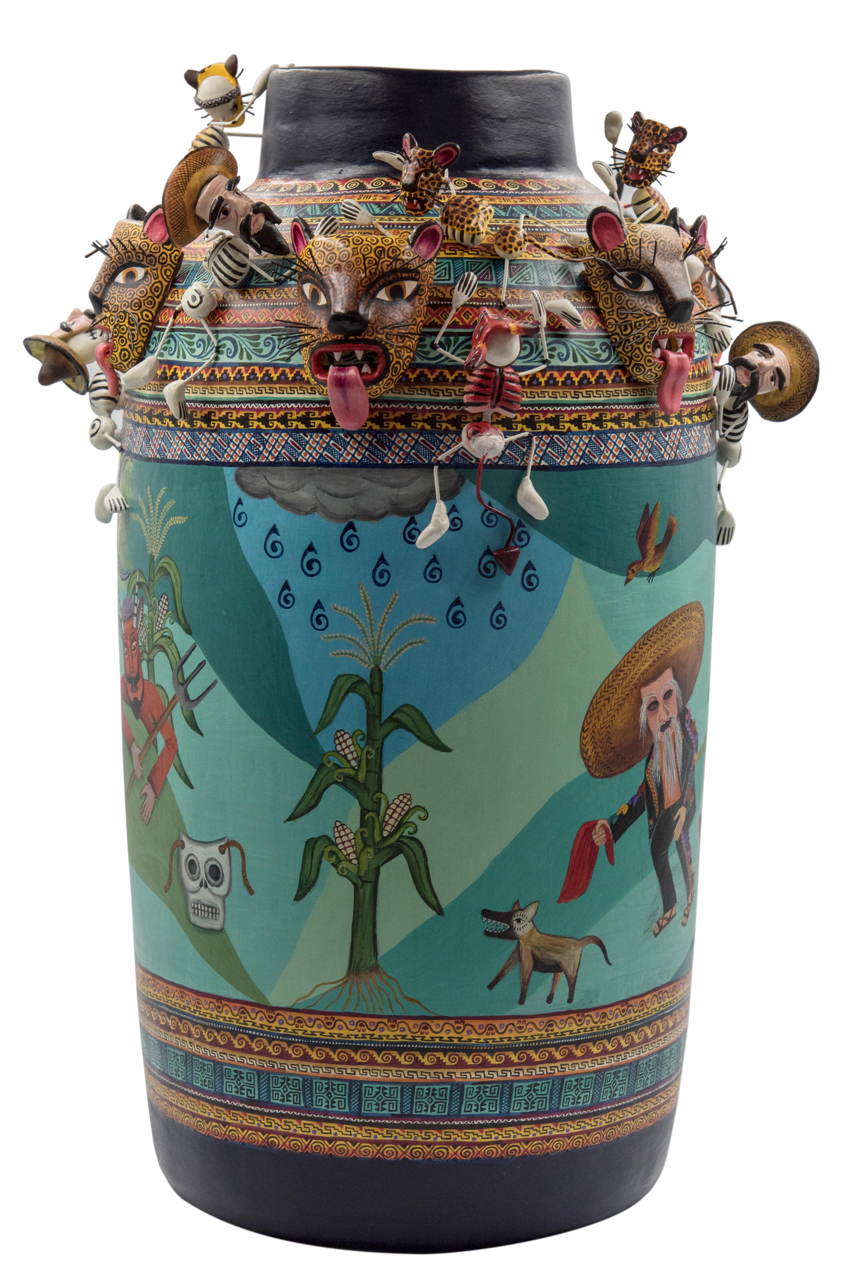 Mexican Colorful Folk Art Ceramic Vase Tecuanes Dance Vessel In Excellent Condition For Sale In Queretaro, Queretaro