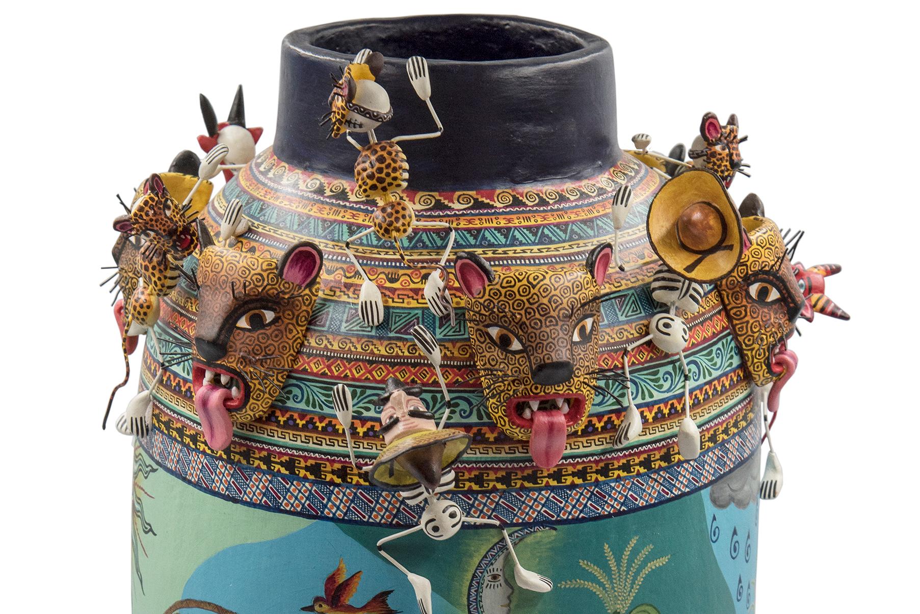 Clay Mexican Colorful Folk Art Ceramic Vase Tecuanes Dance Vessel For Sale