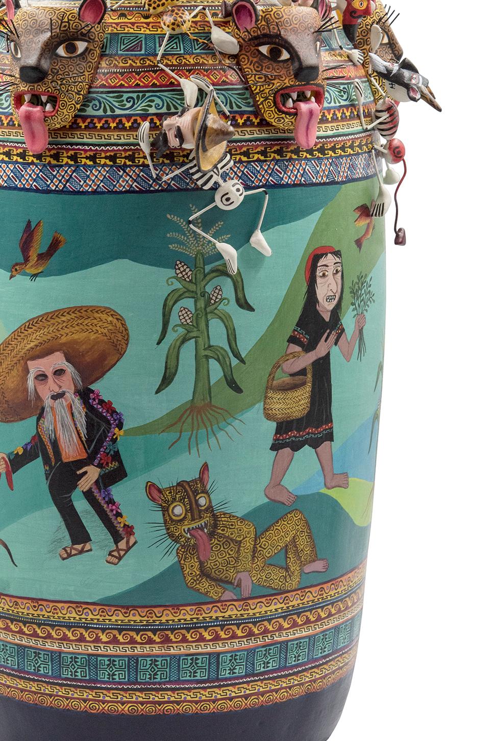 Mexican Colorful Folk Art Ceramic Vase Tecuanes Dance Vessel For Sale 1