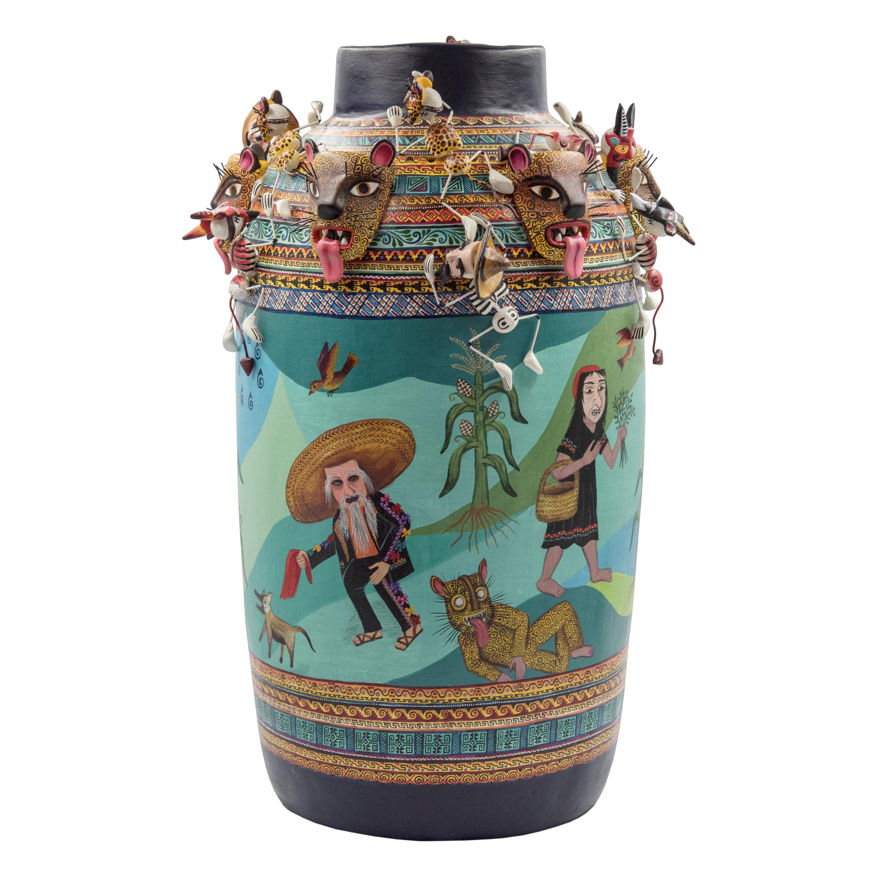 Mexican Colorful Folk Art Ceramic Vase Tecuanes Dance Vessel