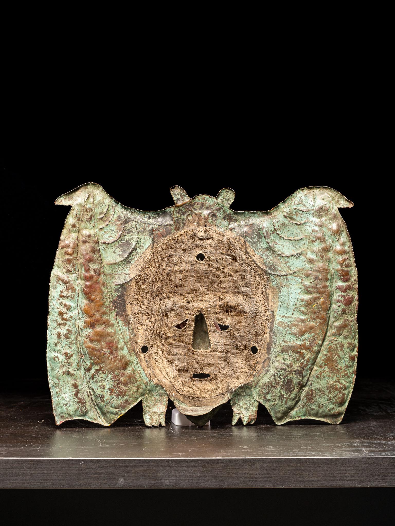 Hand-Crafted Mexican colourful Bat dance mask, hammered in copper,  Nahua people, 19-20th C For Sale