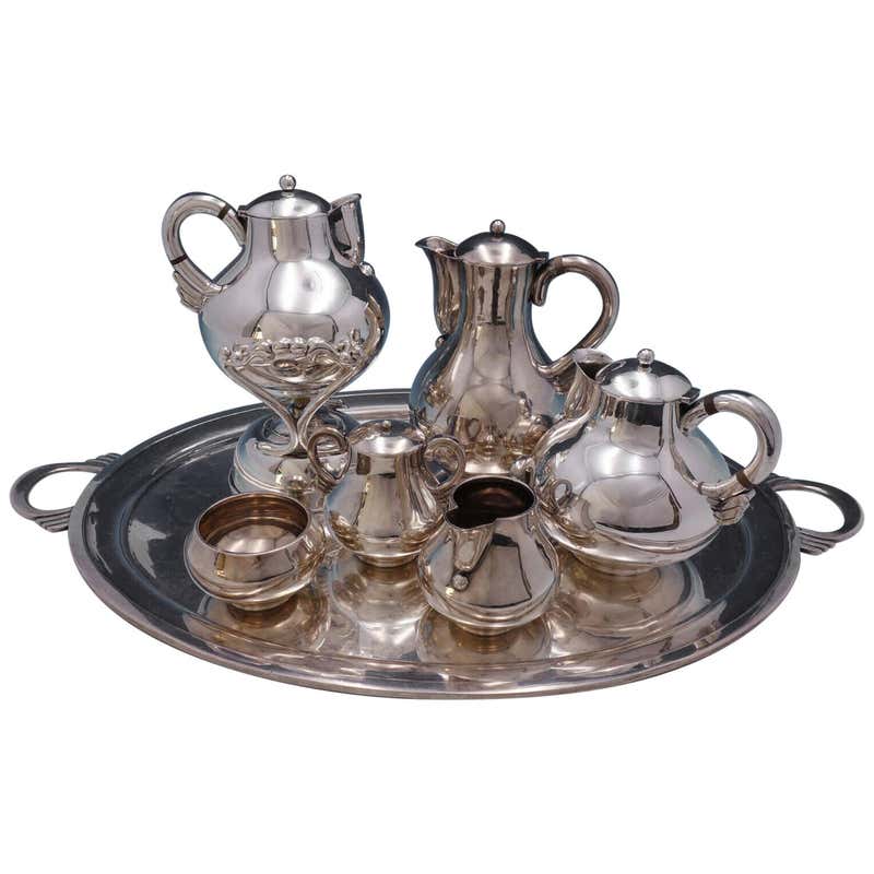 Arthur Stone Sterling Silver Tea Set Tilting Kettle on Cradle w Tray ...