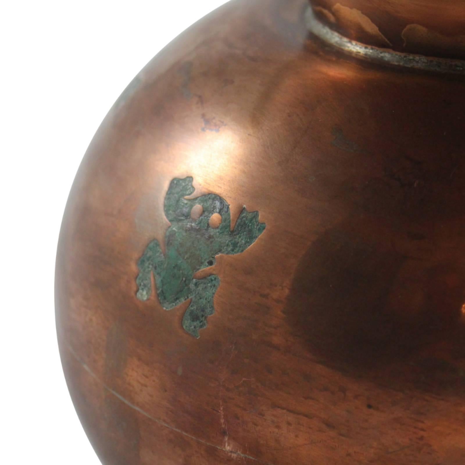 Mexican Copper, Brass and Malachite Inlay Frog Pitcher by Chato Castillo, Taxco For Sale 5