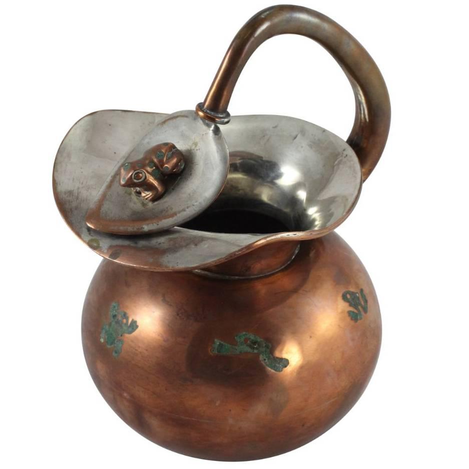 Mexican Copper, Brass and Malachite Inlay Frog Pitcher by Chato Castillo, Taxco For Sale