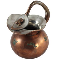 Vintage Mexican Copper, Brass and Malachite Inlay Frog Pitcher by Chato Castillo, Taxco