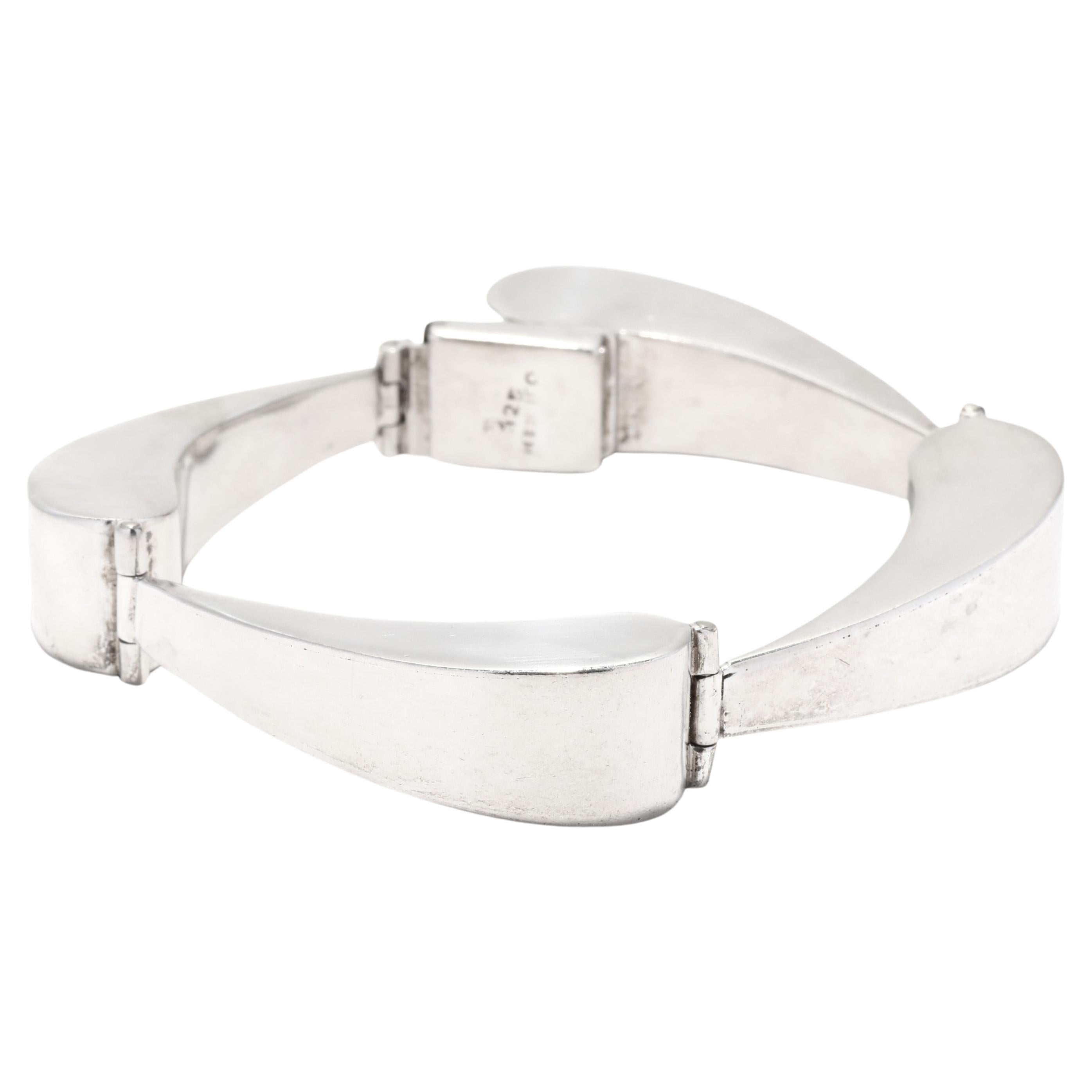 Mexican Curved Link Bracelet, Sterling Silver, Heavy Silver Bracelet For Sale