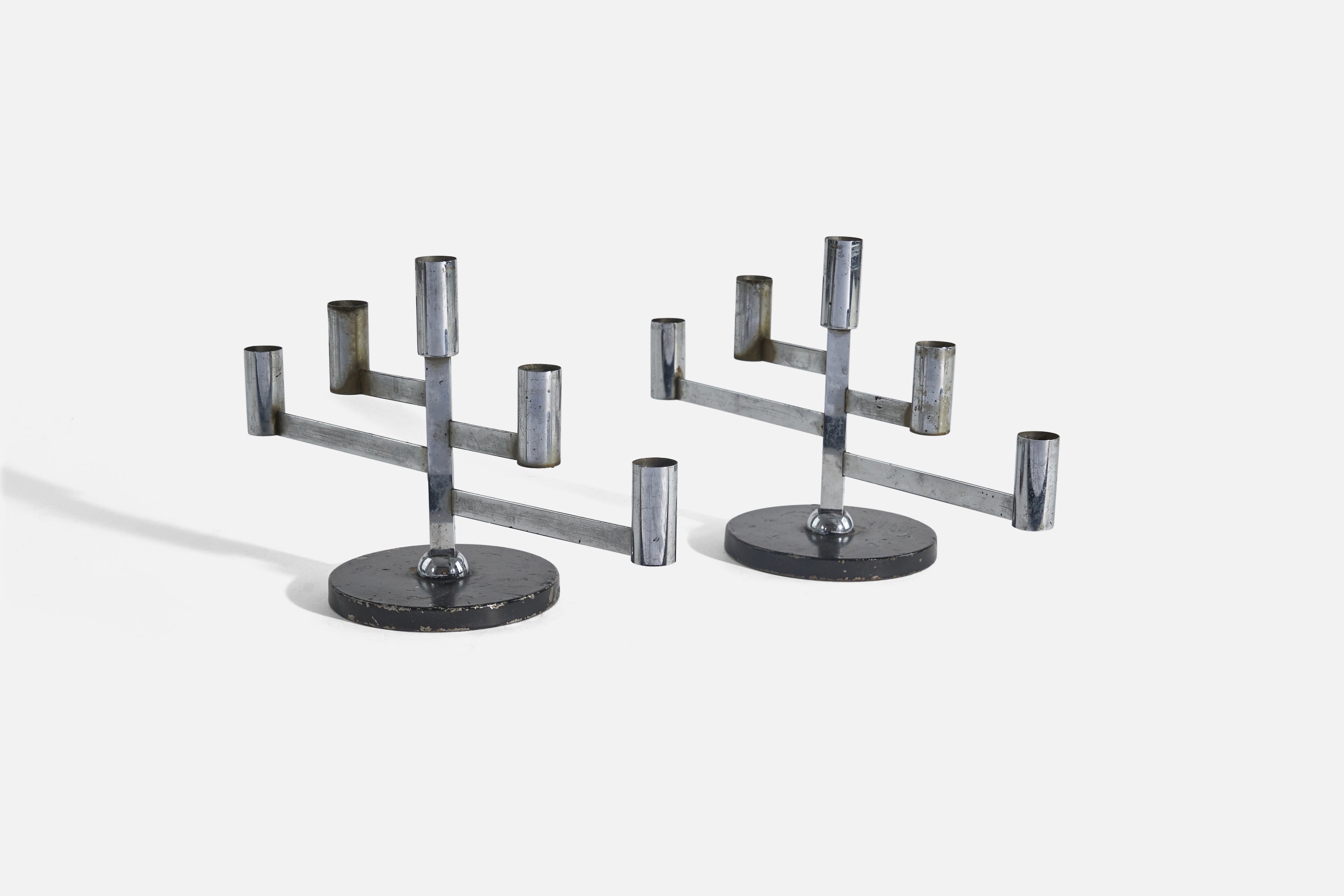 Mexican Designer, Candelabras, Chromed Steel, Lacquered Tin-Plate, Wood, 1940s For Sale
