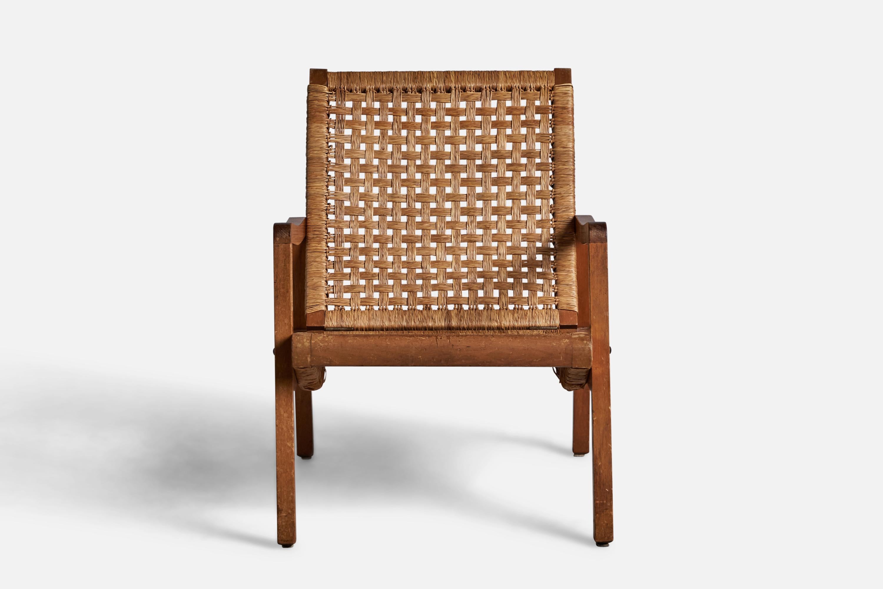 Mid-Century Modern Mexican Designer, Lounge Chair, Oak, Cane, Mexico, 1950s For Sale