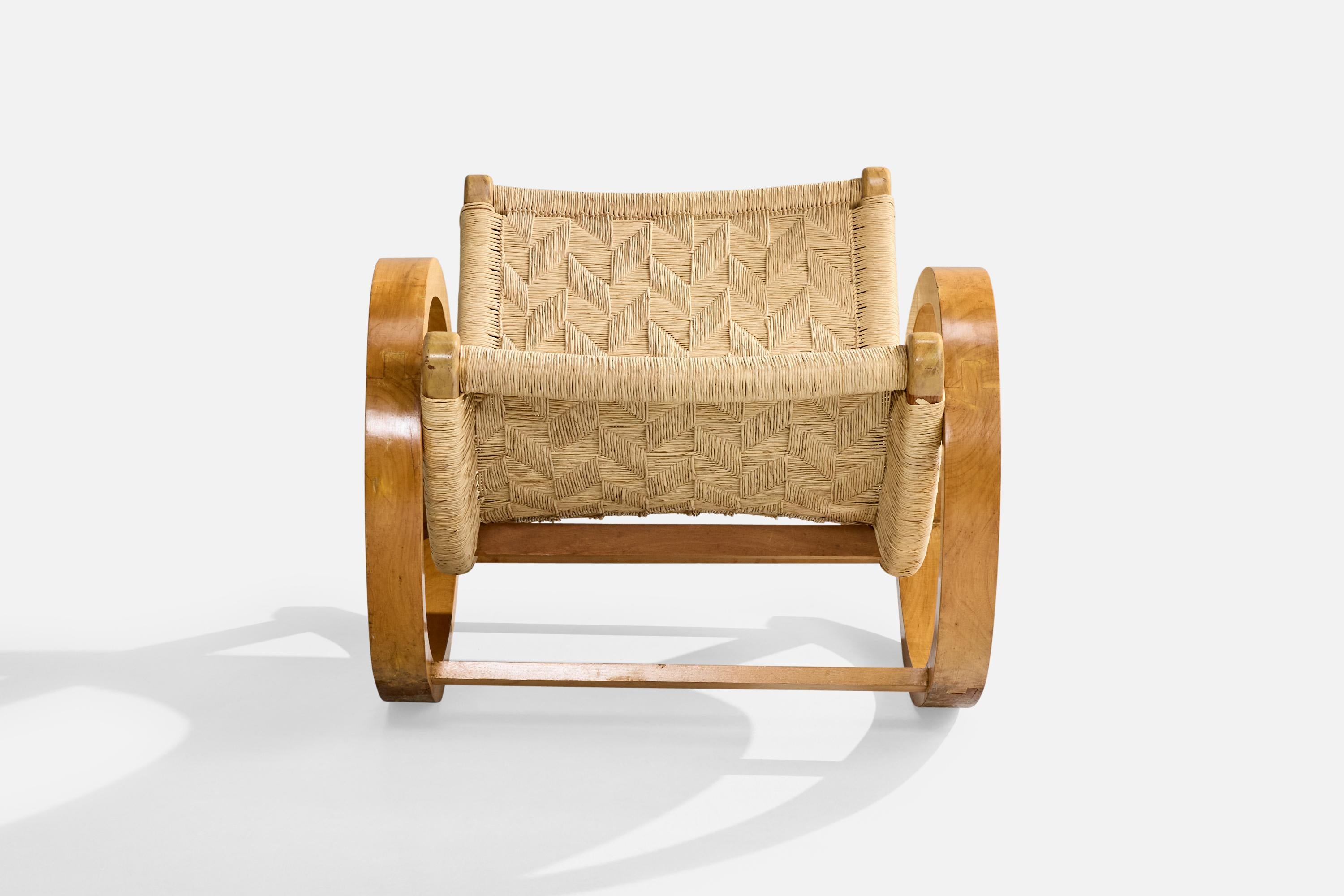 Diseñador Mexicano, Silla mecedora, Madera, Rush, México, años 50. Moderno de mediados de siglo en venta