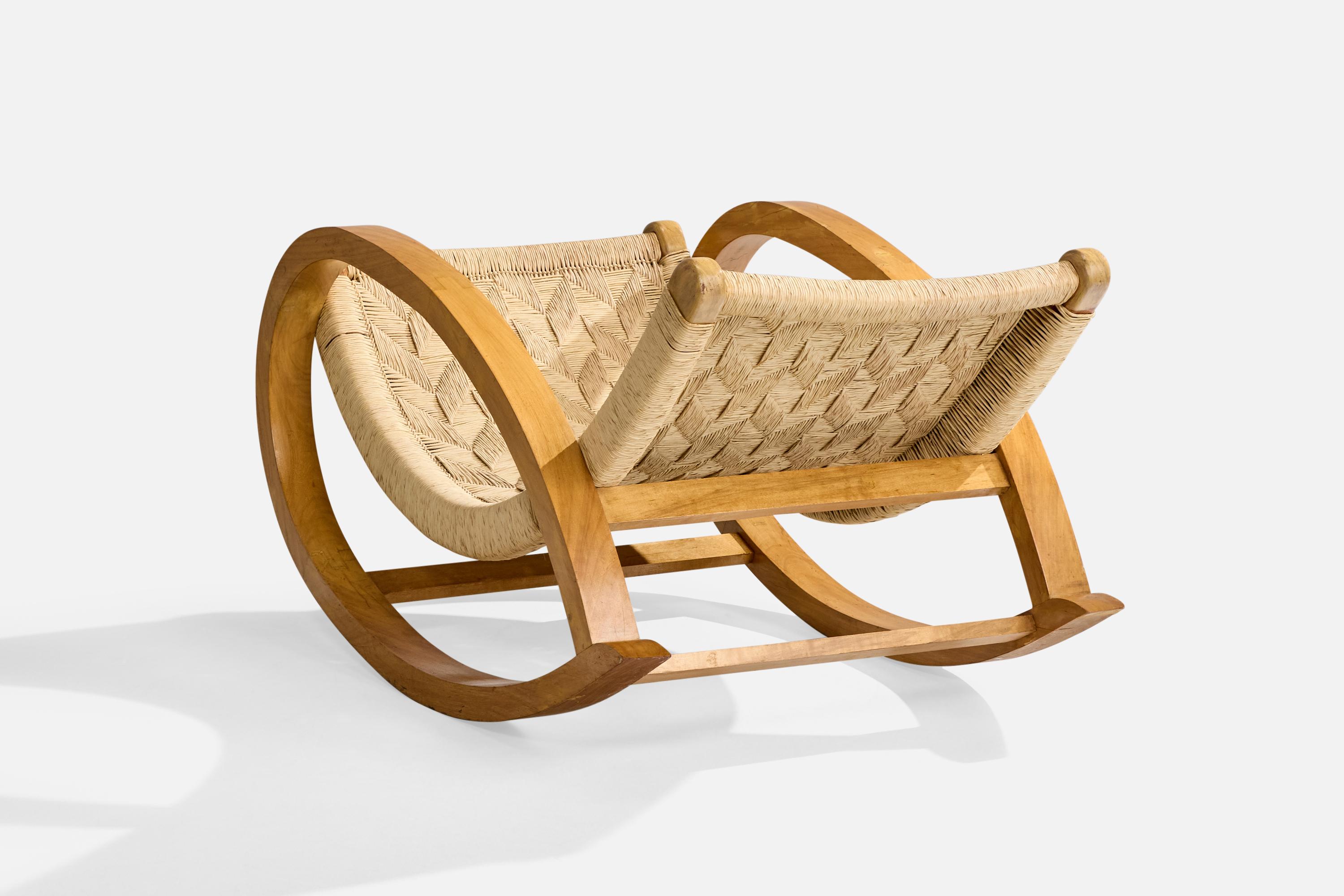 Diseñador Mexicano, Silla mecedora, Madera, Rush, México, años 50. mediados del siglo XX en venta