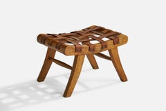 Mexican Designer, Stool, Oak, Leather, Brass, Mexico, 1950s