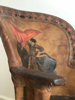 Mexican Equipale Folk Art Chair with Hand-Painted Bullfight Scene 1930s