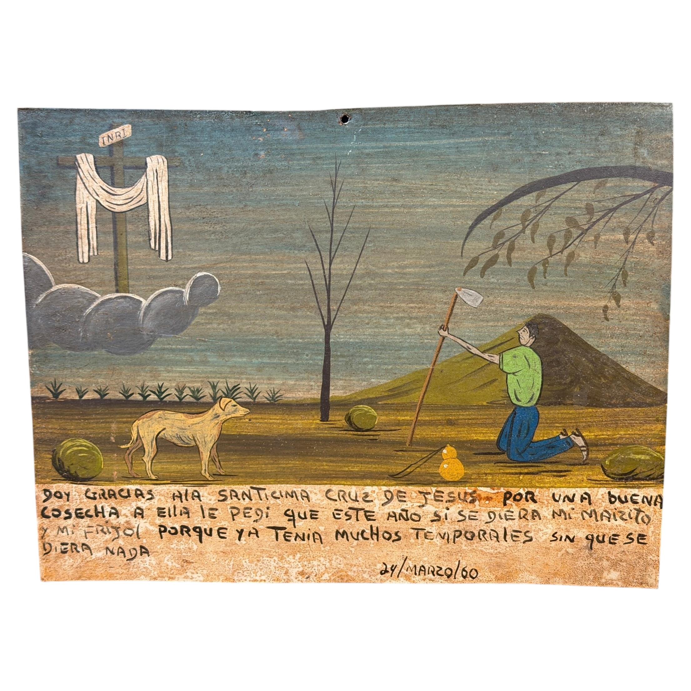Mexican Ex-Voto Retablo Painting, Dated 1960, Harvest Prayer to the Holy Cross