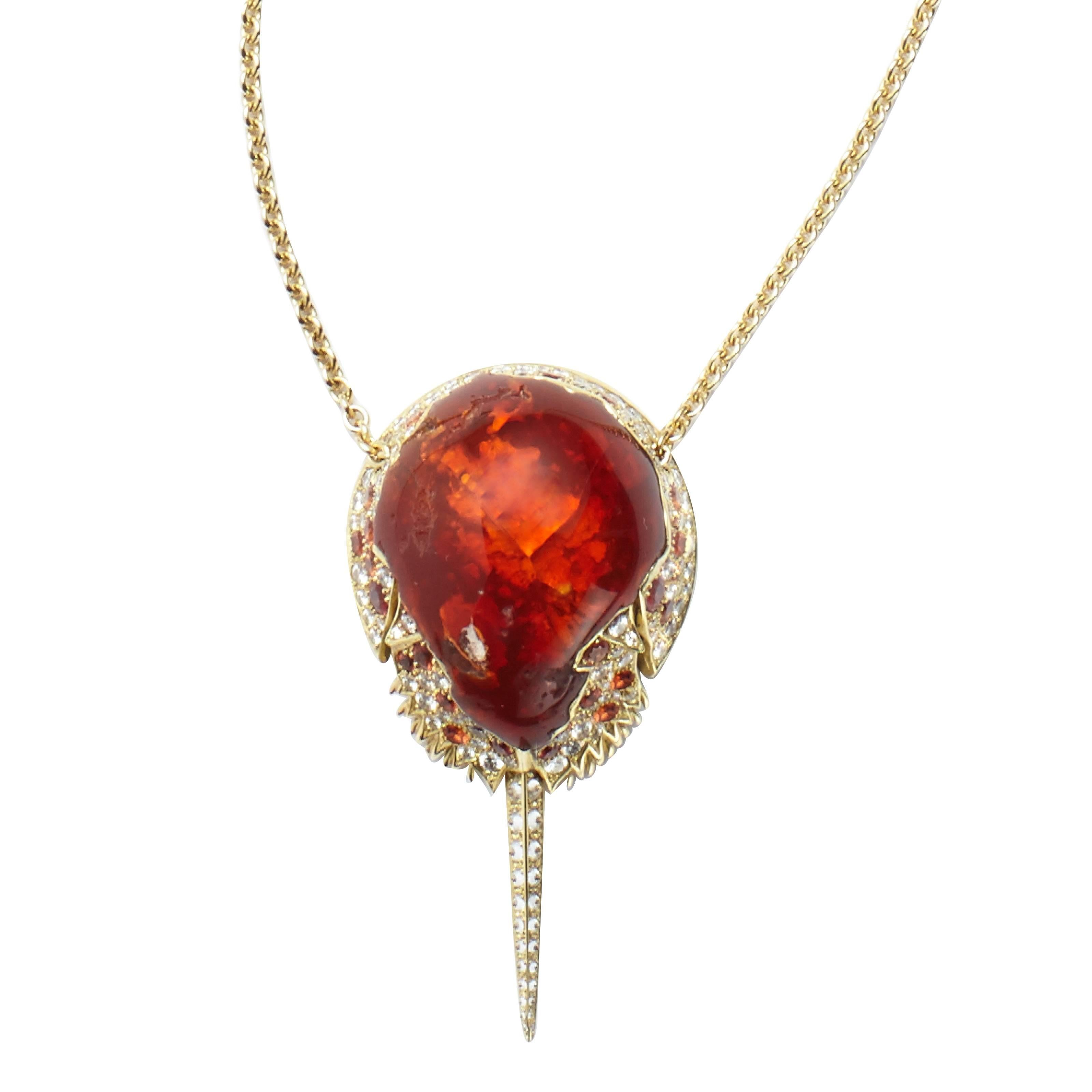 Mexican Fire Opal, Orange Sapphire & Diamond Horseshoe Crab Necklace