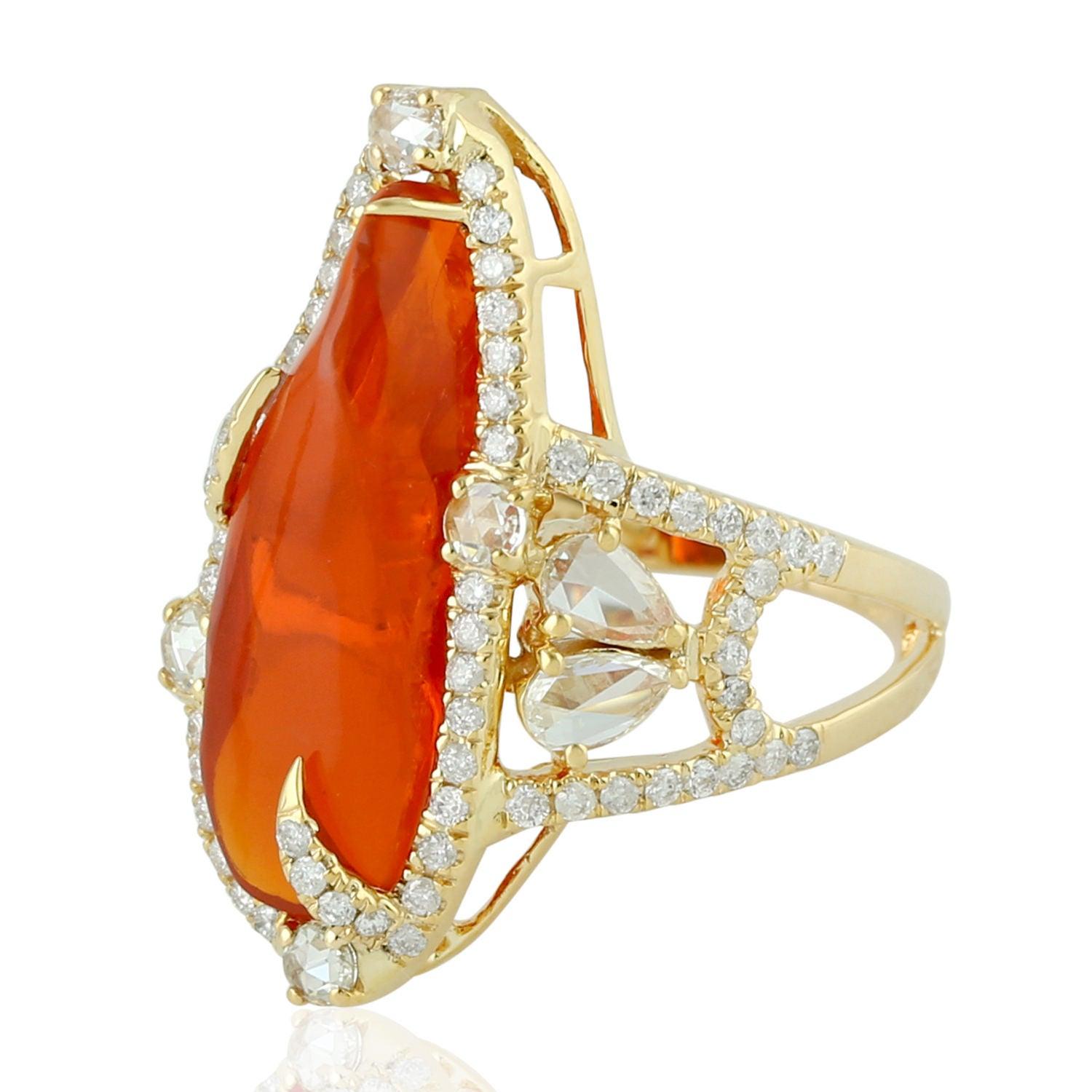 For Sale:  Mexican Fire Opal 18 Karat Gold Diamond Ring 2