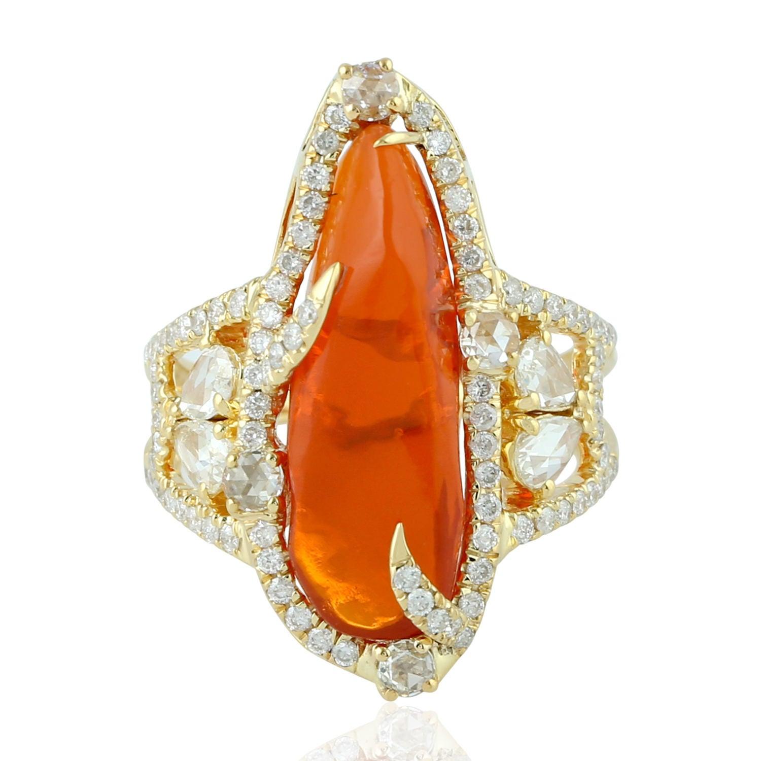 For Sale:  Mexican Fire Opal 18 Karat Gold Diamond Ring 4