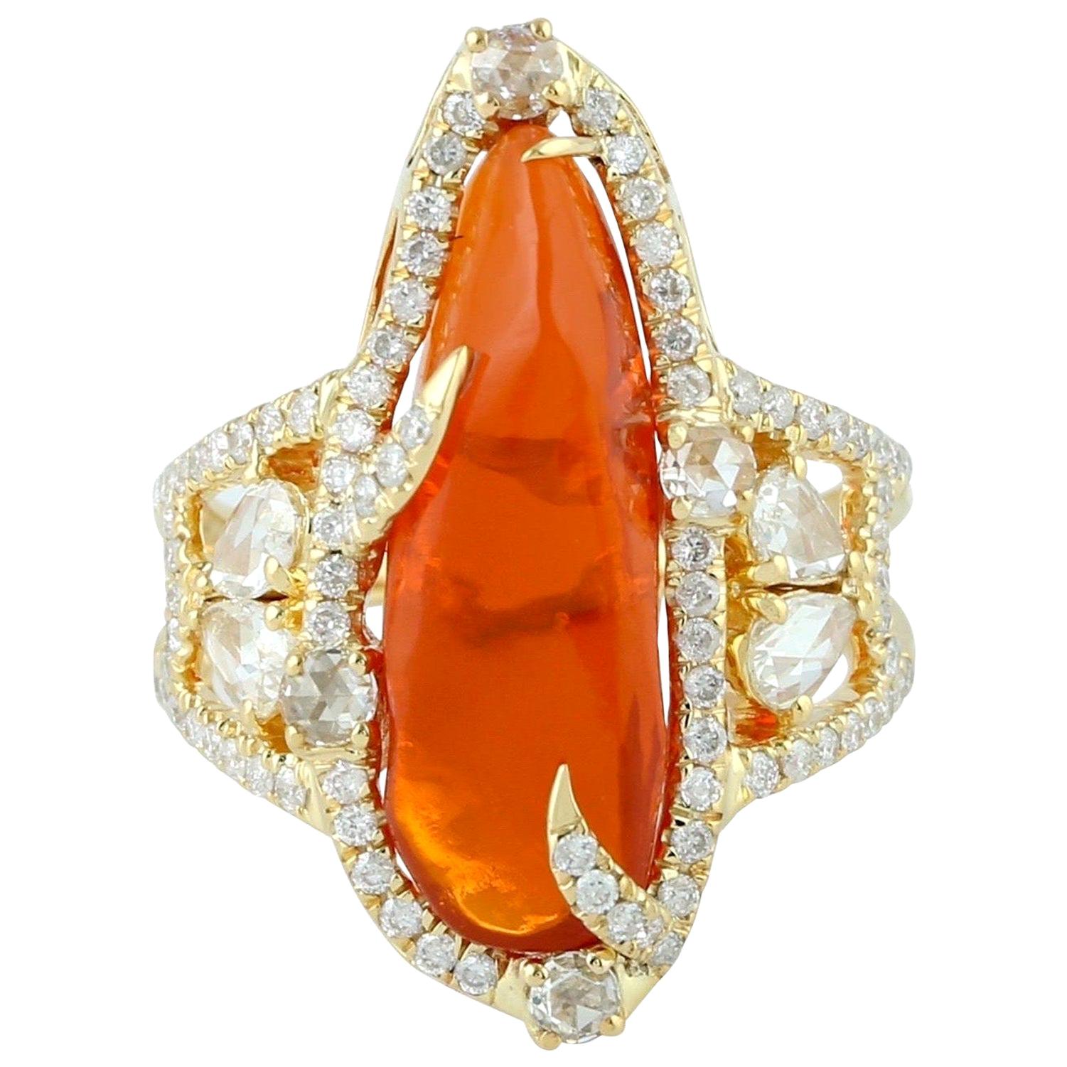 Bague mexicaine en or 18 carats avec opale de feu et diamants