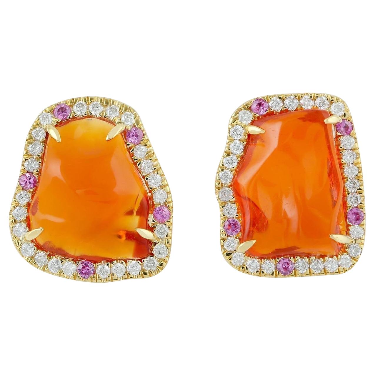 Mexican Fire Opal 18 Karat Gold Diamond Stud Earrings