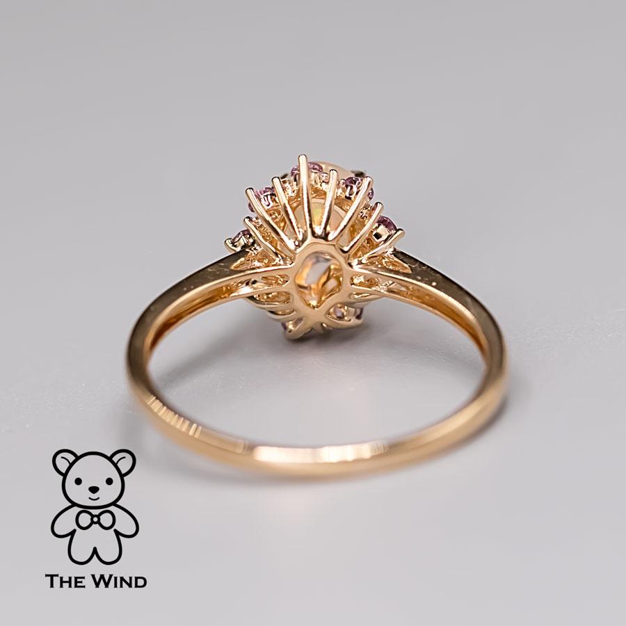 Arts and Crafts Mexican Fire Opal Amethyst Diamond Engagement Halo Ring 18K Yellow Gold For Sale