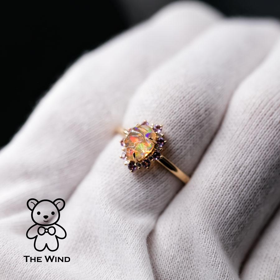 Brilliant Cut Mexican Fire Opal Amethyst Diamond Engagement Halo Ring 18K Yellow Gold For Sale