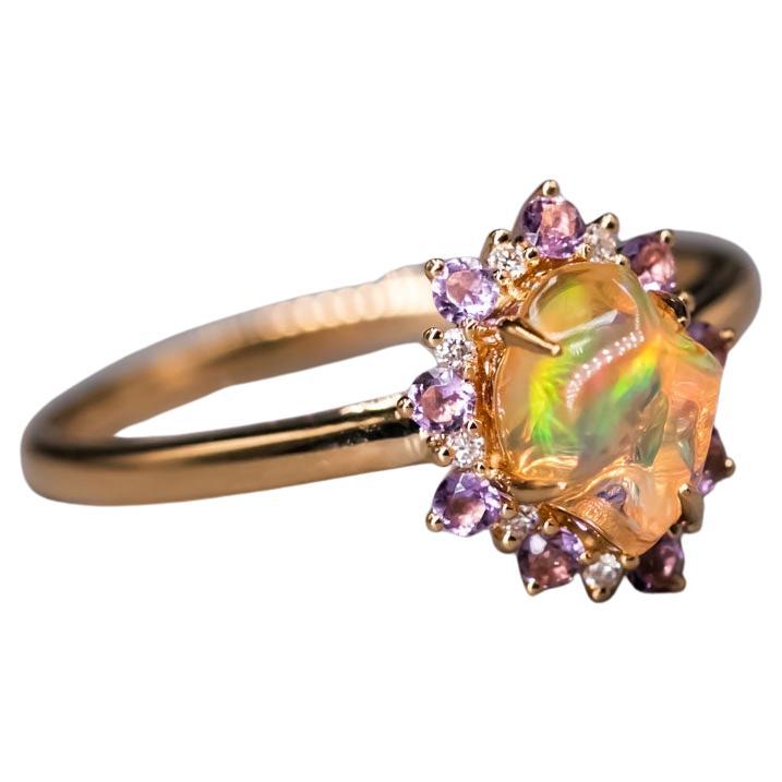 Mexican Fire Opal Amethyst Diamond Engagement Halo Ring 18K Yellow Gold