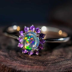 Mexican Fire Opal Amethyst Engagement Halo Ring 14K Yellow Gold