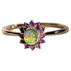 Mexican Fire Opal Amethyst Engagement Halo Ring 14K Yellow Gold