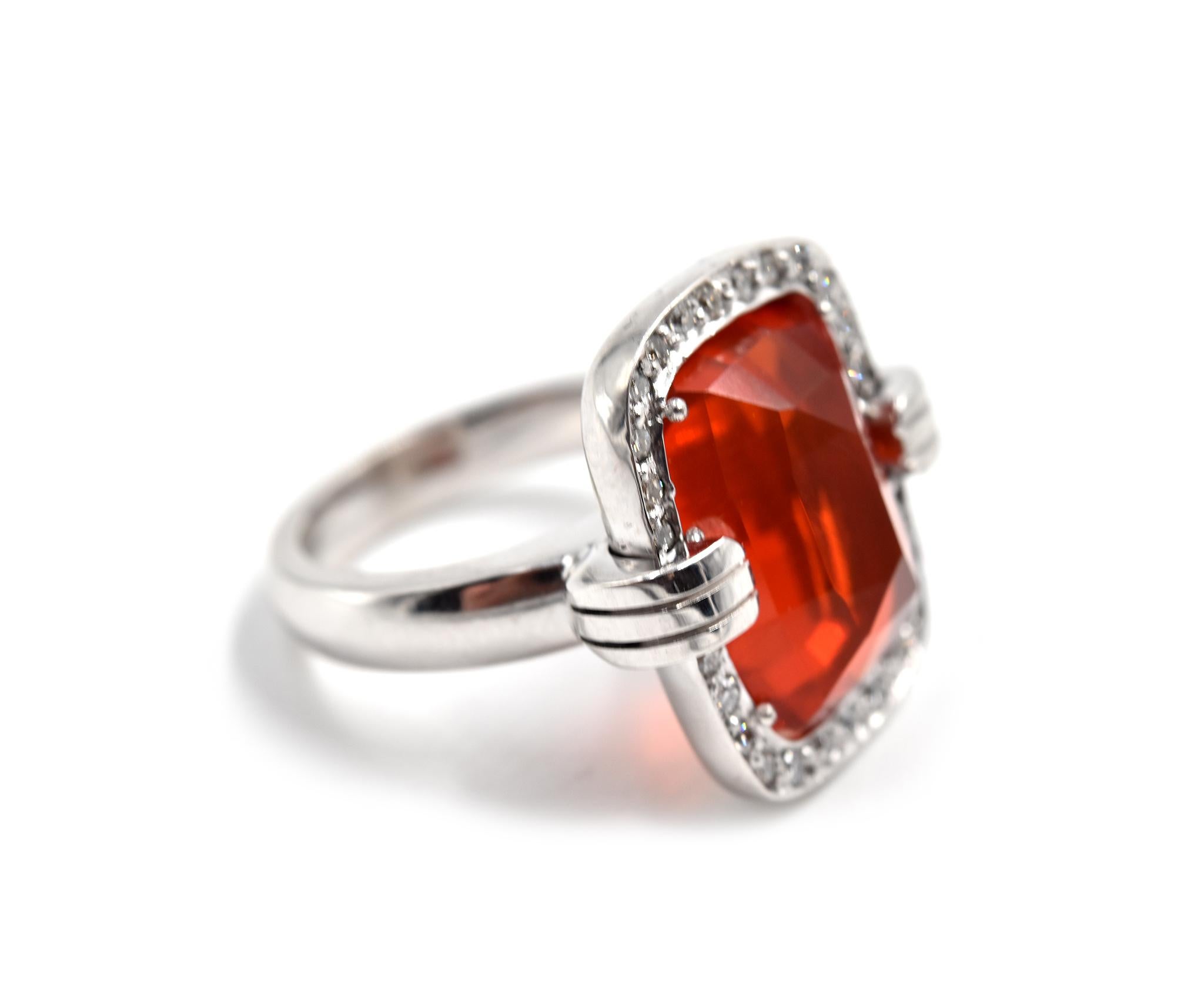 Contemporary Mexican Fire Opal and Diamond Cocktail Ring 14 Karat White Gold